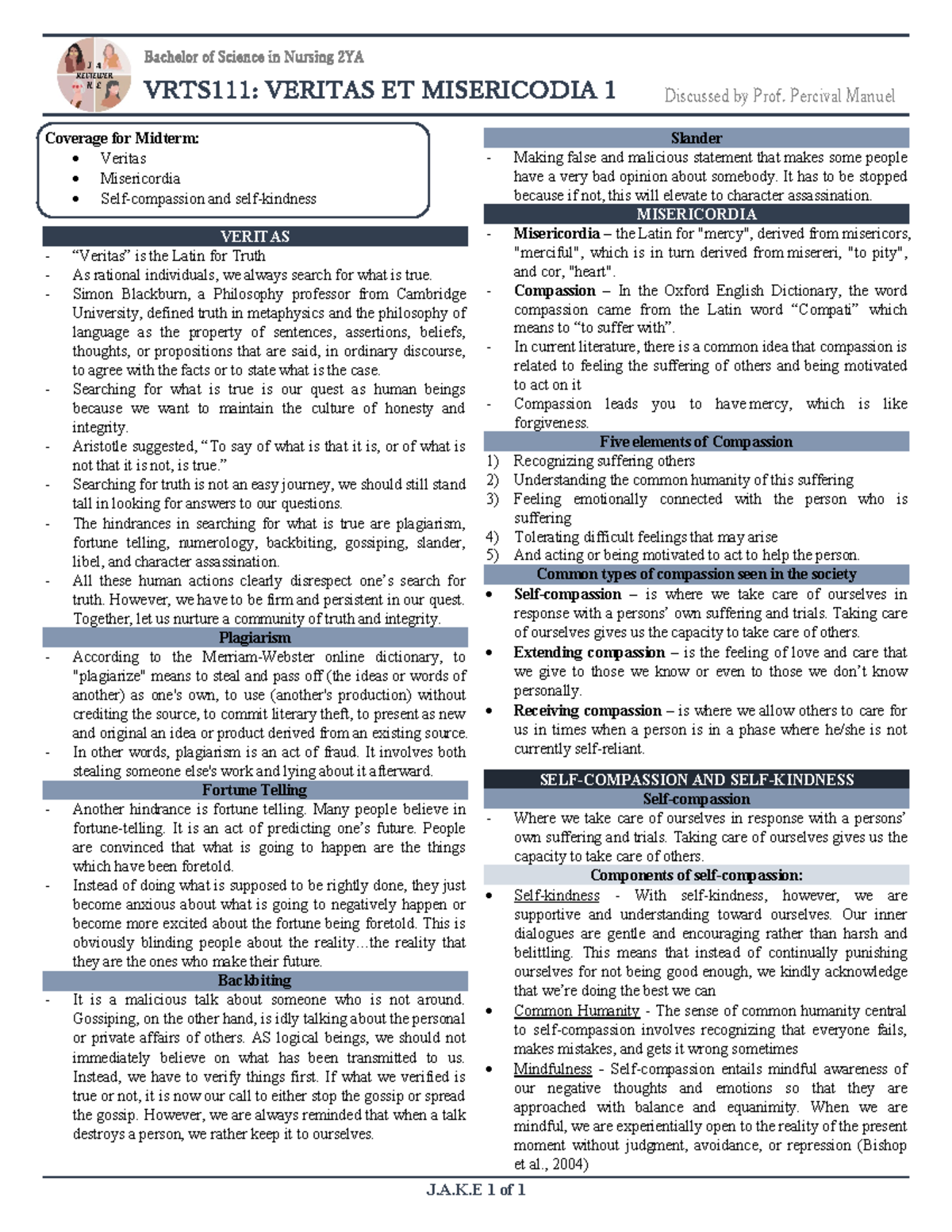 VRTS111 Midterm Review: Exploring Veritas, Misericordia & Self ...