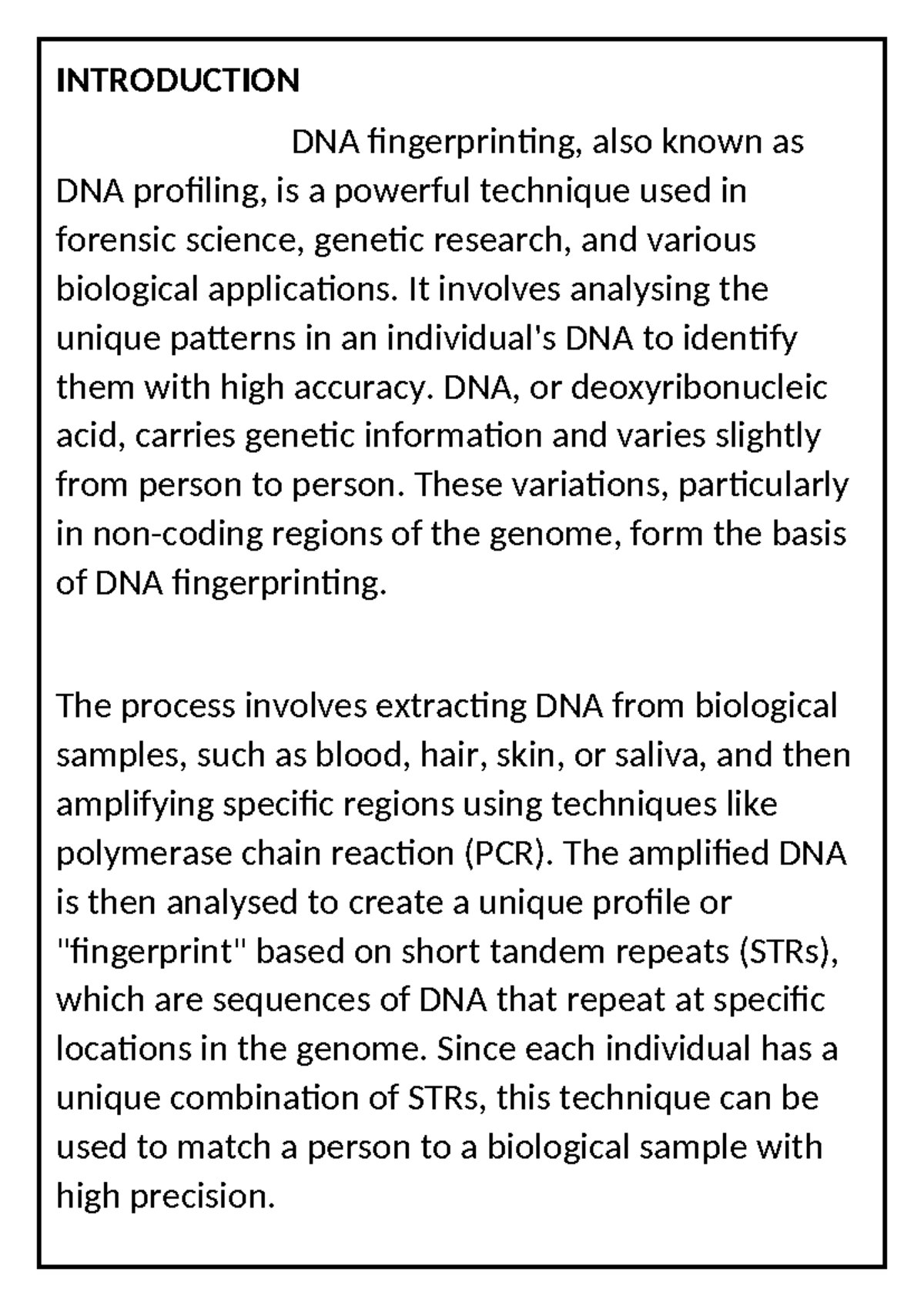 DNA Fingerprinting Report: Techniques and Forensic Applications - Studocu