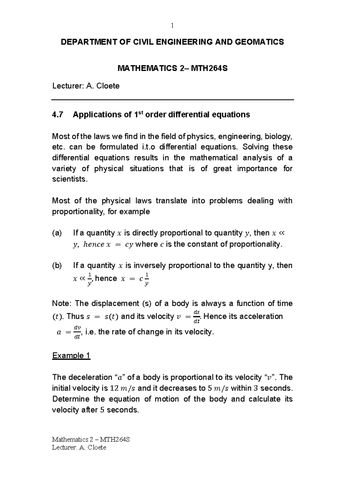 Applications of 1st Order Differential Equations - MTH264S - Studocu