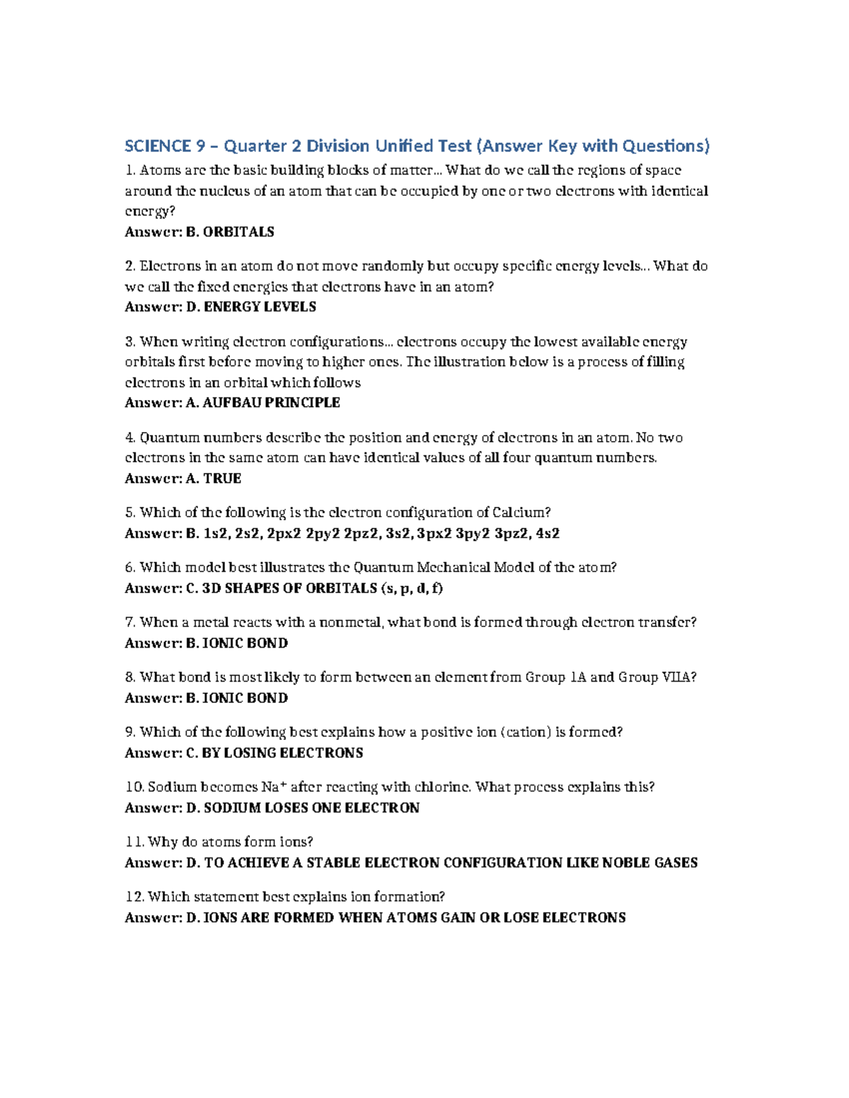 SCIENCE 9 Q2 Unified Test Answer Key and Questions - Studocu