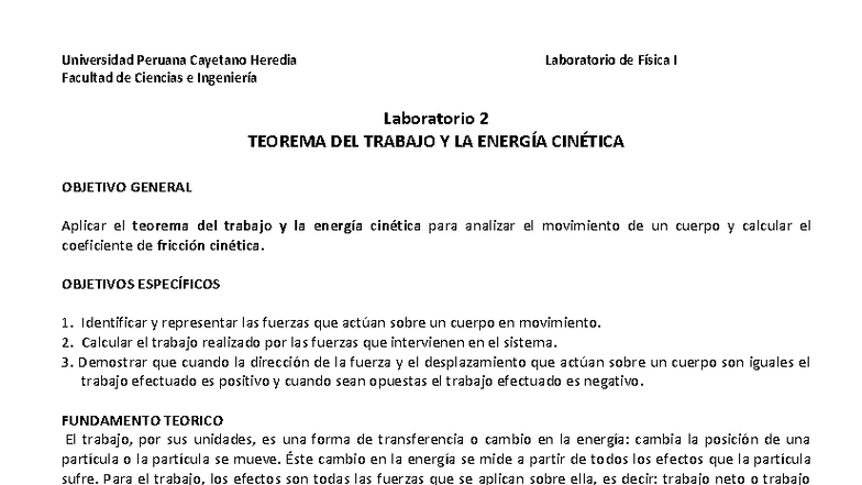 LAB 2: Teorema del Trabajo y Energía Cinética - Física I - Document Preview