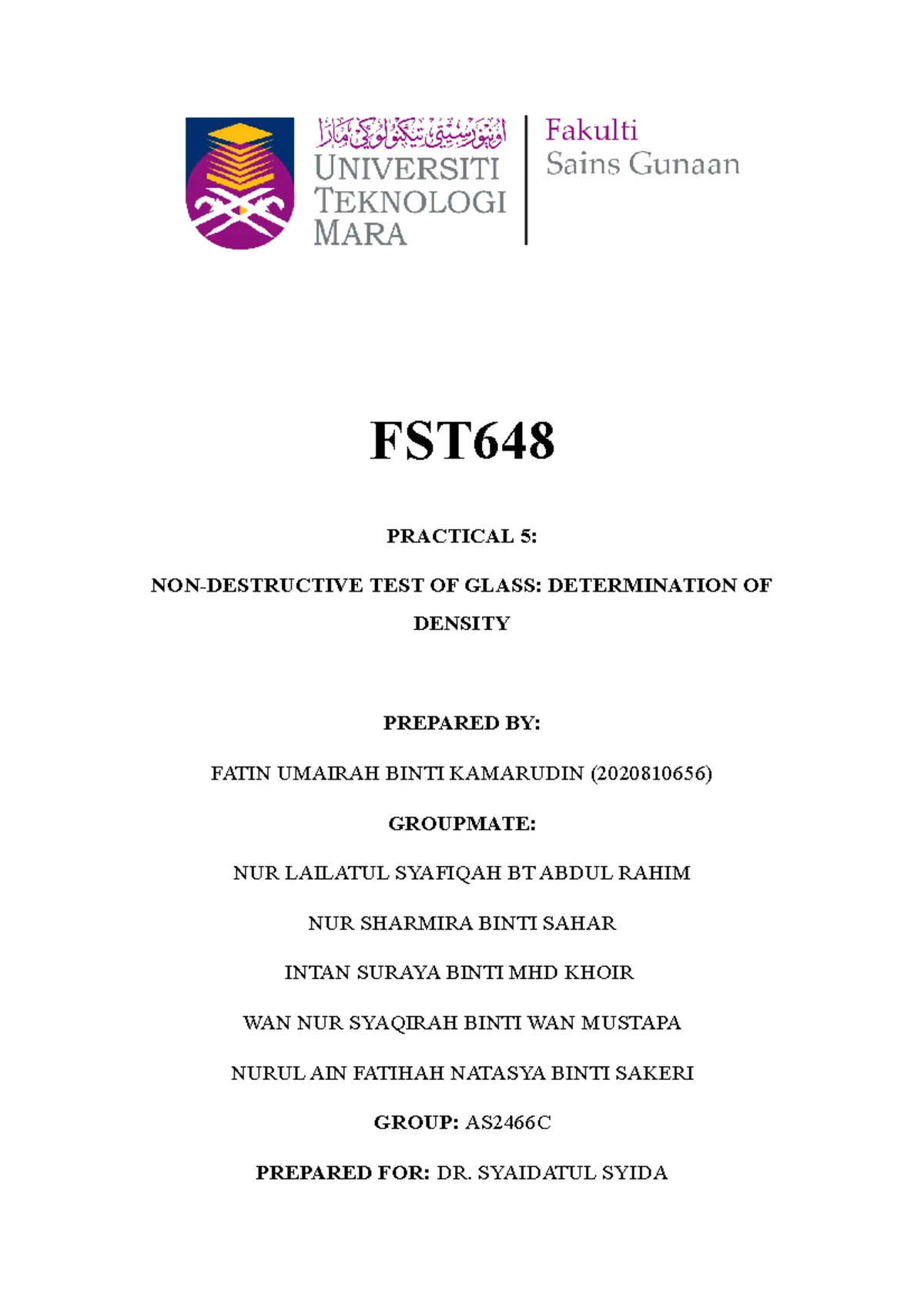 FST648 5 - lab report exp 5 - FST PRACTICAL 5: NON-DESTRUCTIVE TEST OF ...