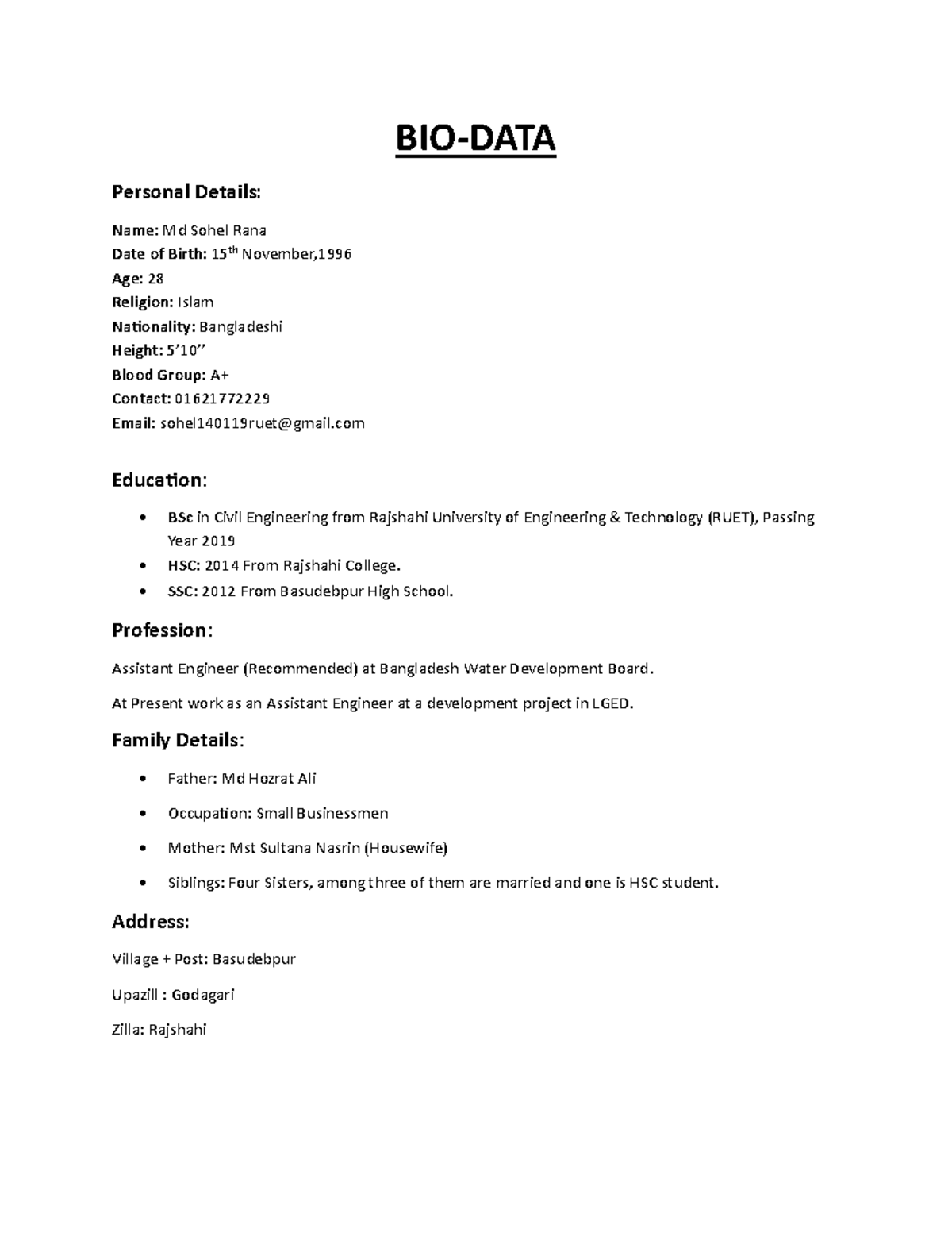 BIO Sohel - Personal Details and Education Summary - Studocu