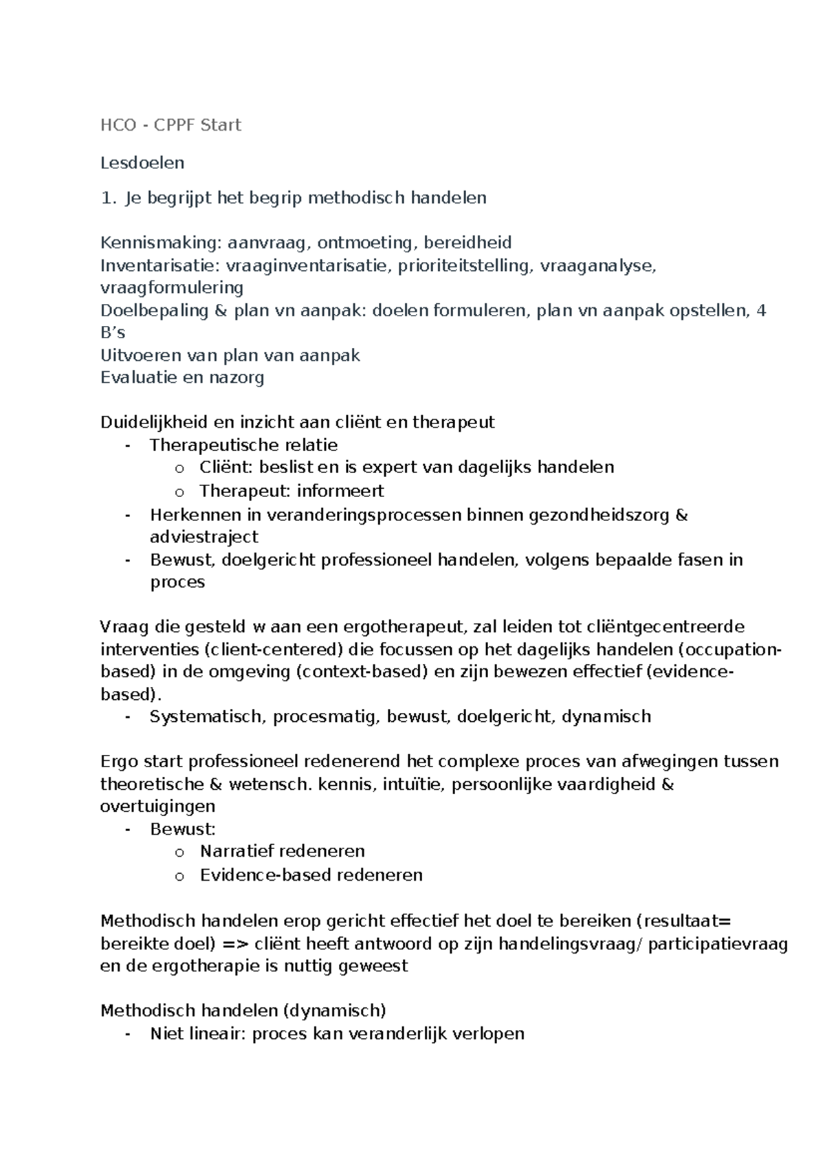 HCO CPPF Samenvatting: Methodisch Handelen en Therapeutische Relaties ...