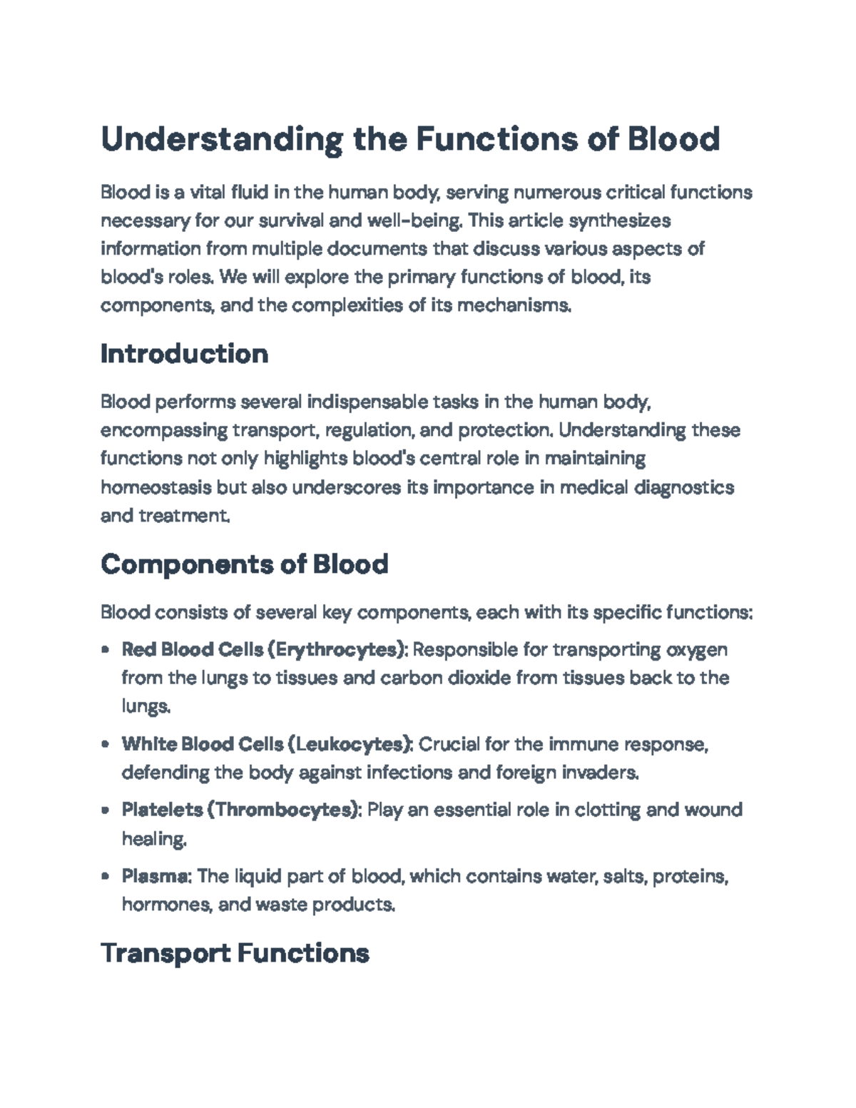 Functions of Blood: Overview of Transport, Regulation, and Protection ...
