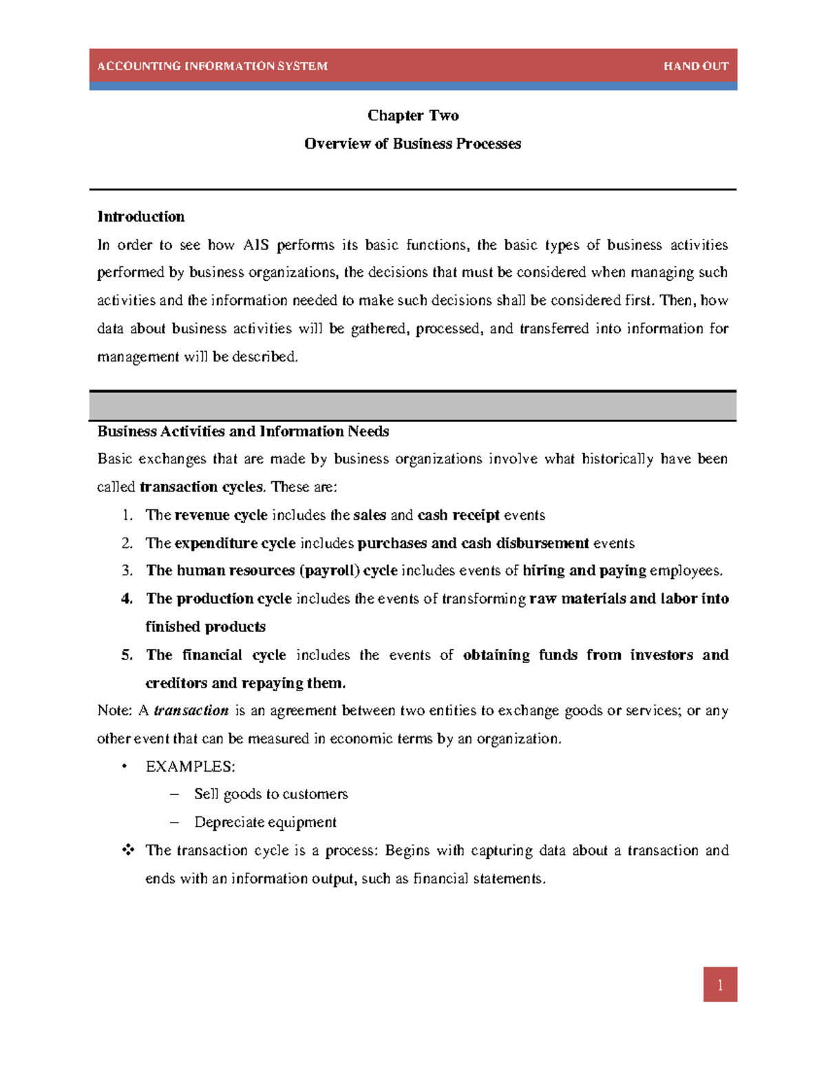 AIS Chapter 2: Overview of Business Processes and Transaction Cycles ...