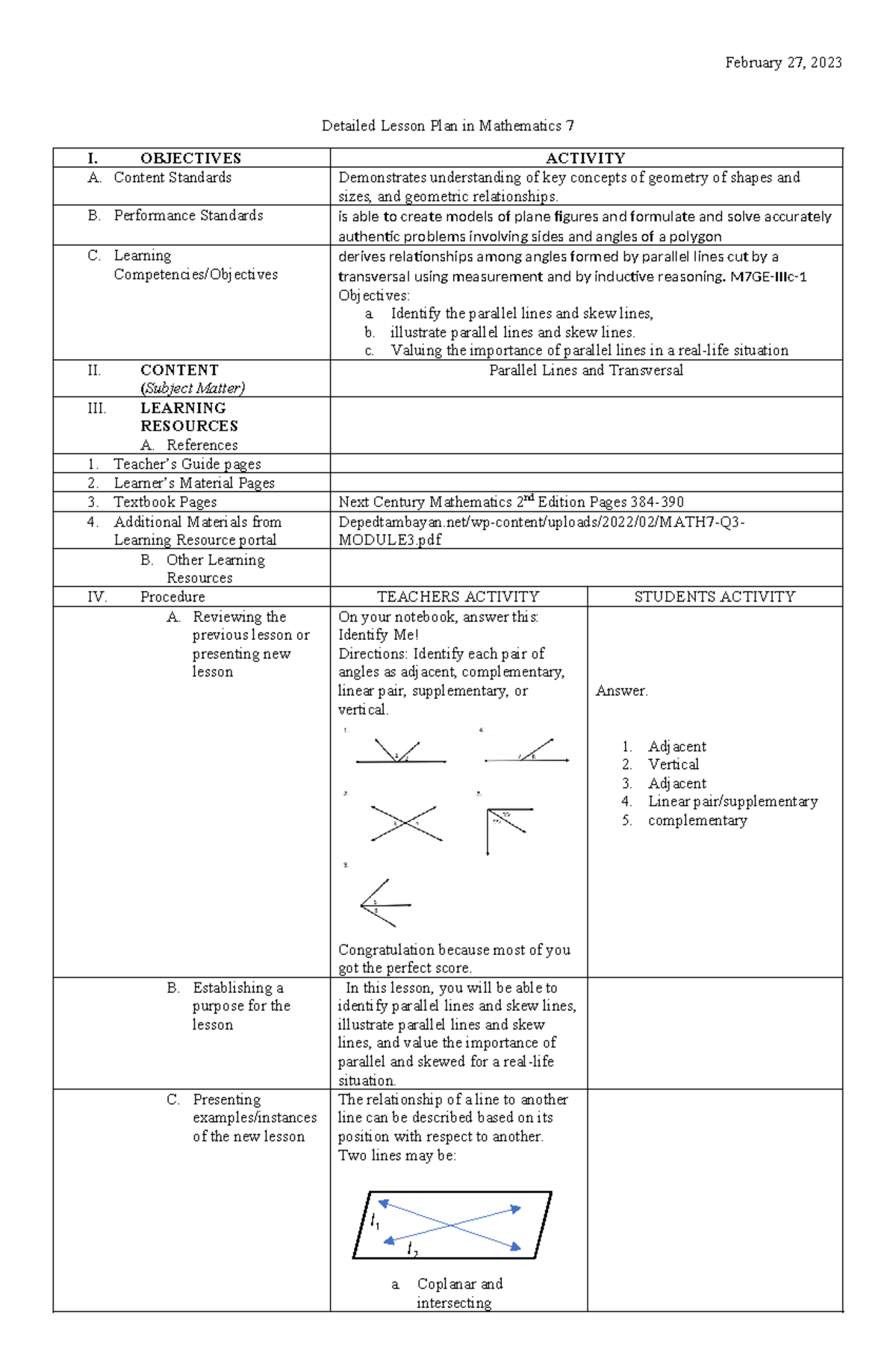 LP in Math 7 W3D1 (done) - Lesson Plans for Grade 7 Third/ Fourth ...