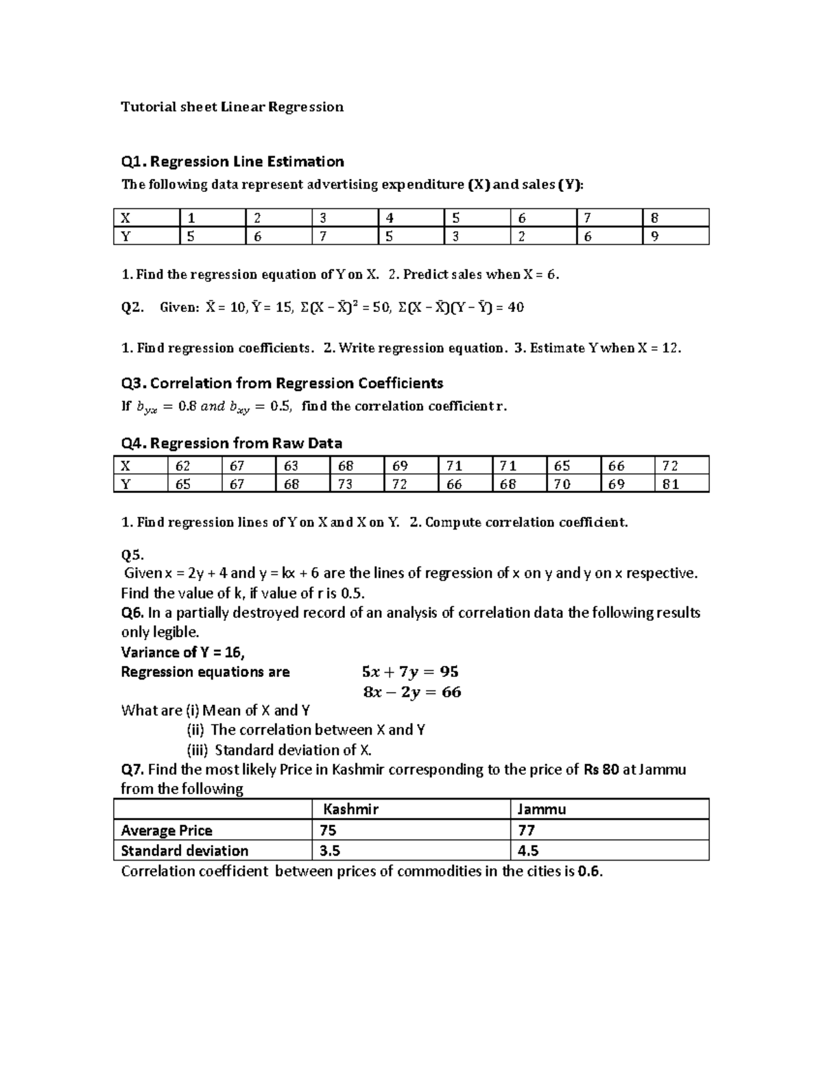 Tutorial 5 Unit 2 - Linear Regression Practice Questions - Studocu