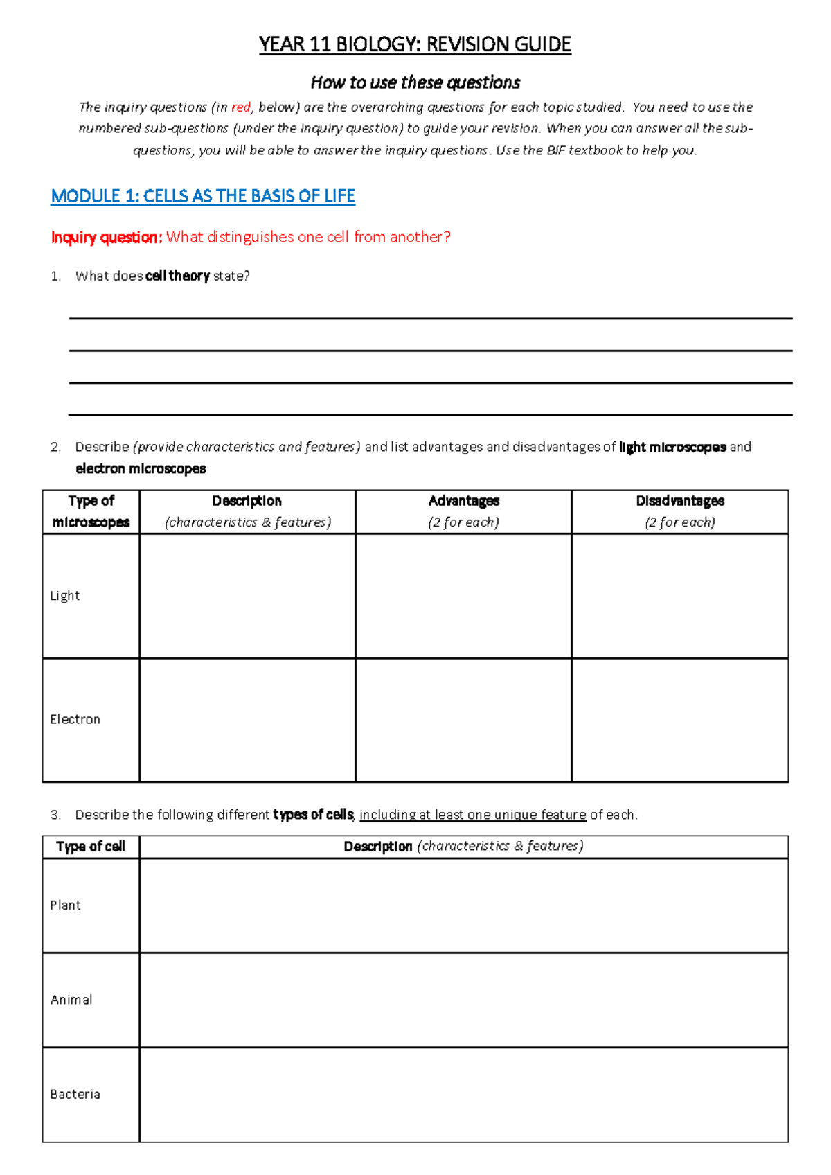 Module 1 Biology revision - Sue E - YEAR 11 BIOLOGY: REVISION GUIDE How ...