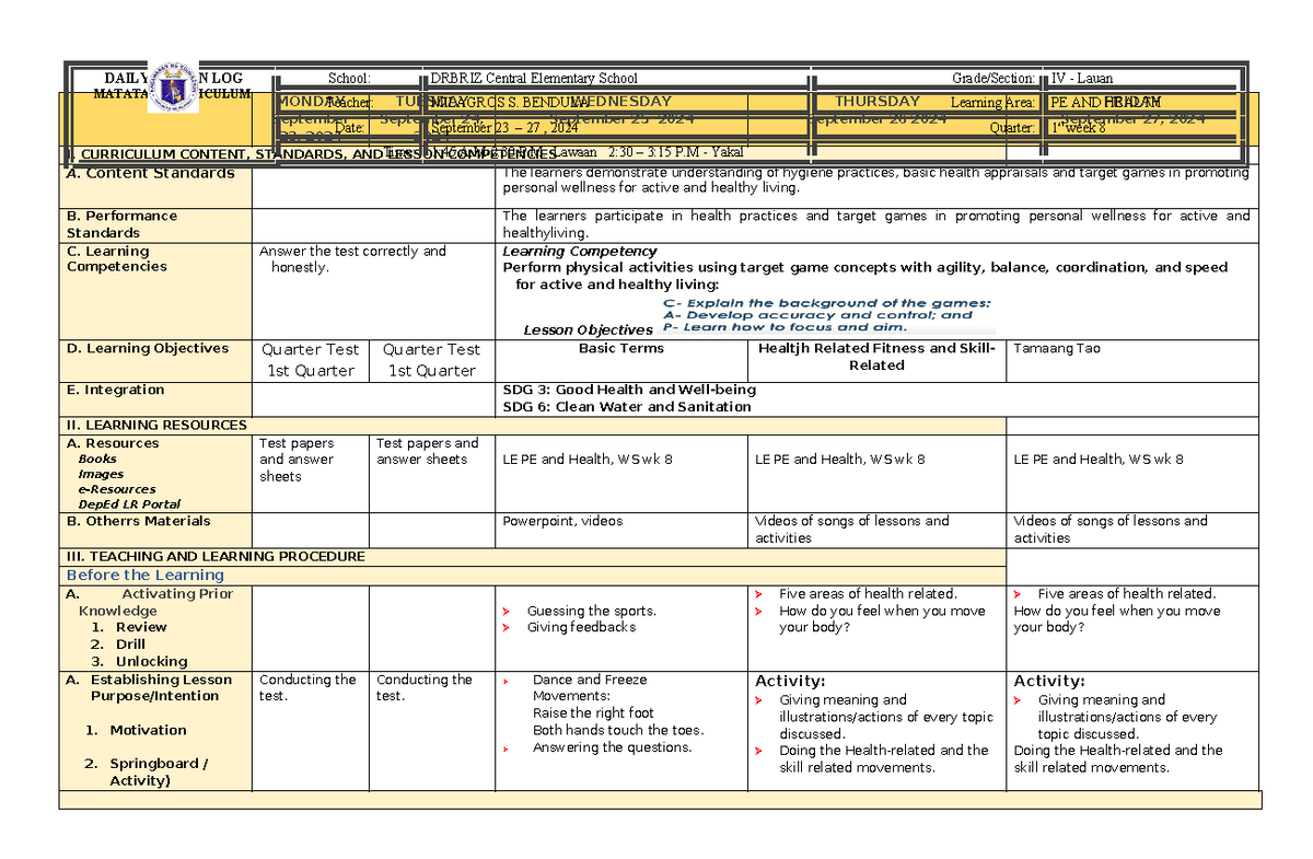 Q1 DLL Matatag PE & Health Lesson Plans for Week 9 - Studocu