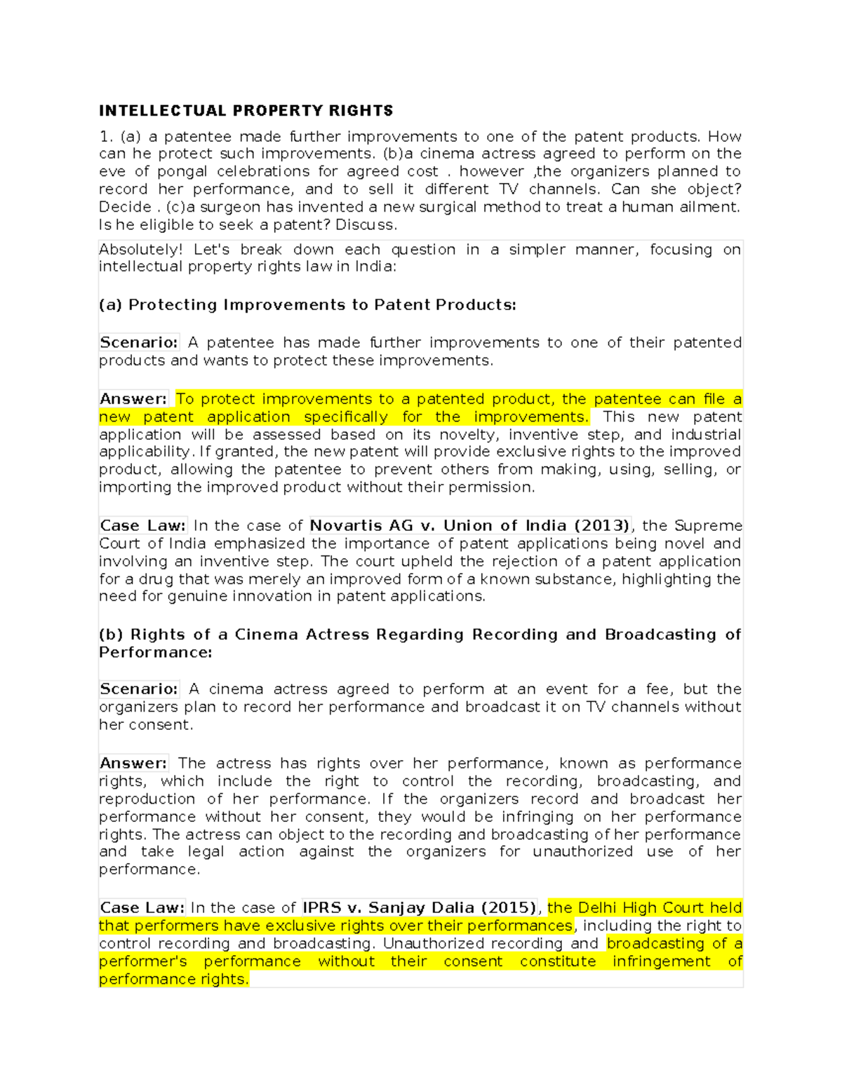 Ipr2 - practice - INTELLECTUAL PROPERTY RIGHTS 1. (a) a patentee made ...