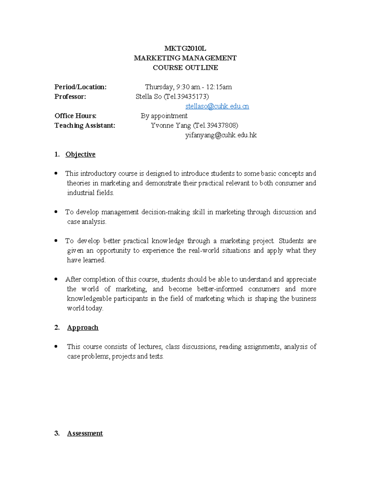 MKTG2010L Marketing Management Course Outline & Assessment Details ...