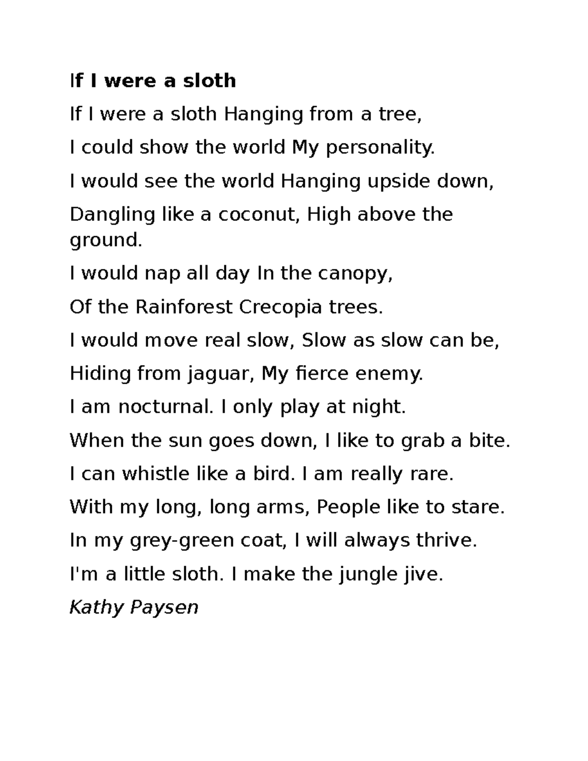 Sloth Poem & Comprehension Questions - ENG 101 - Studocu