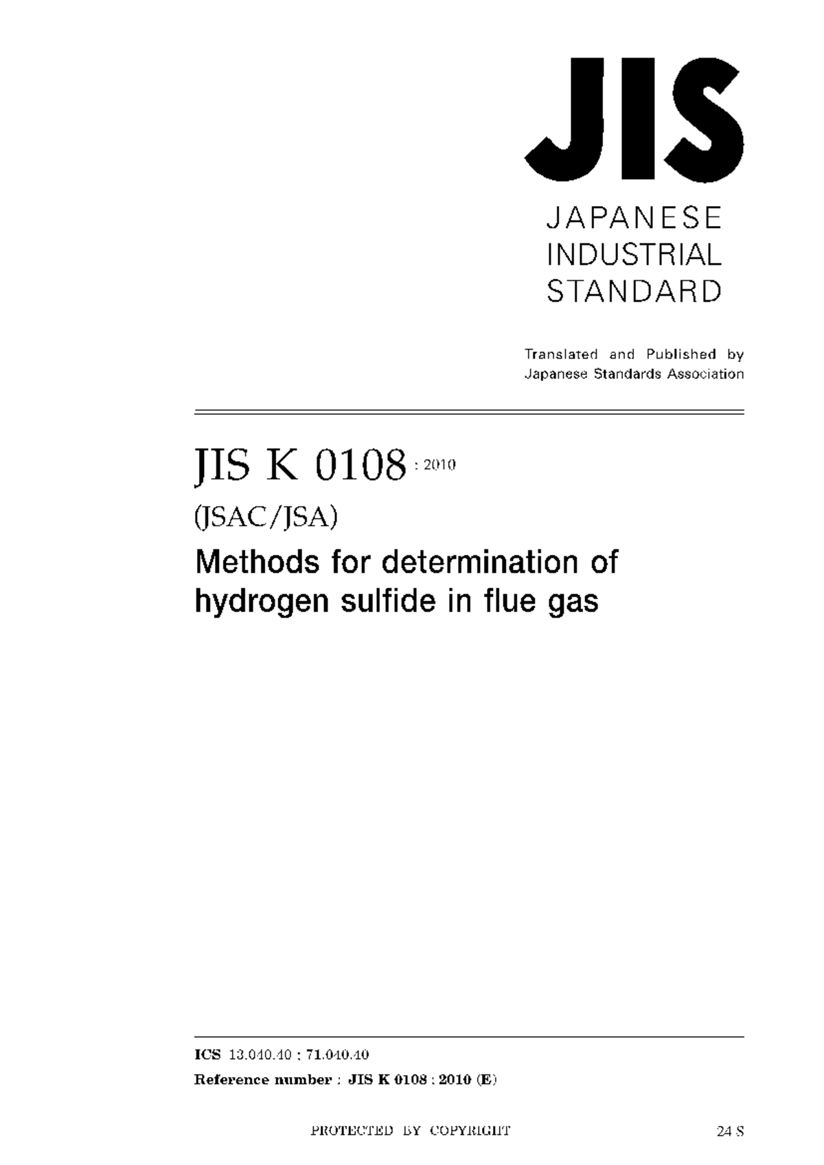 JIS K 0108:2010 Methods for Determining Hydrogen Sulfide in Flue Gas - Document Preview