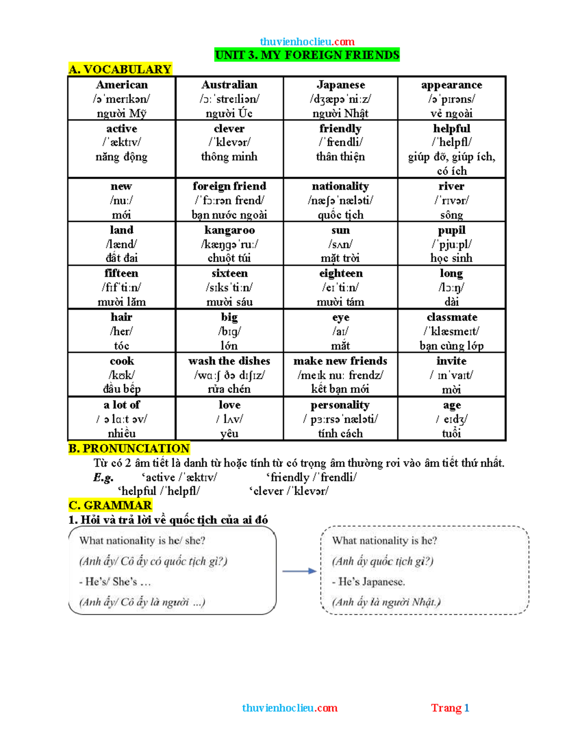 Vocabulary and Grammar Practice: Unit 3 - My Foreign Friends - Studocu