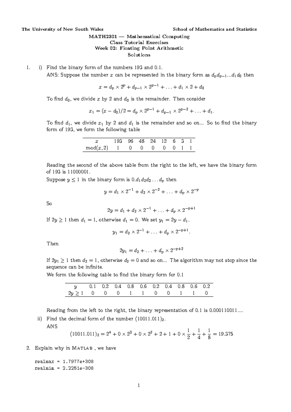 MATH2301 Tutorial Solutions: Week 02 - Floating Point Arithmetic - Studocu