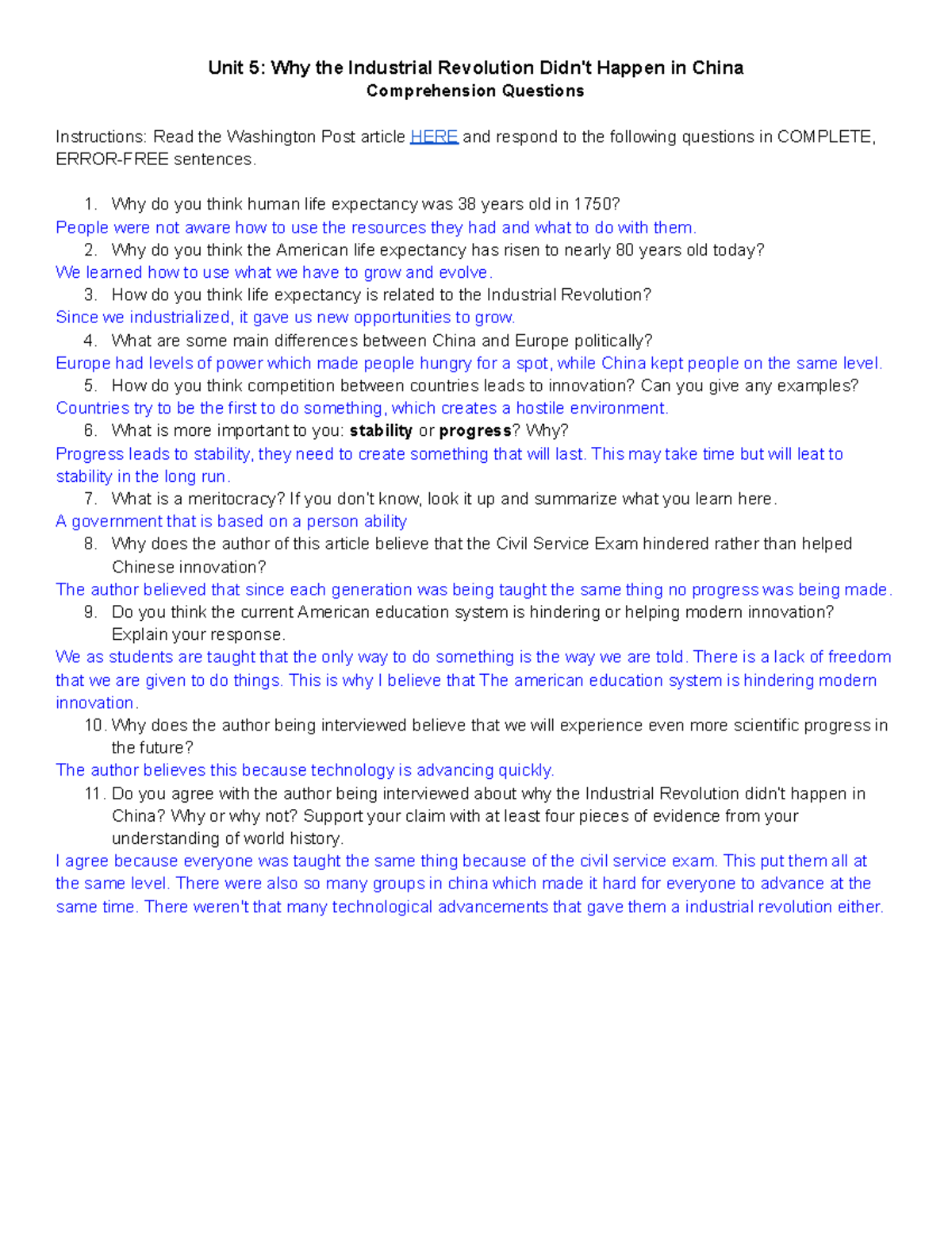 Unit 5 - Student Responses to Industrial Revolution in China Questions ...