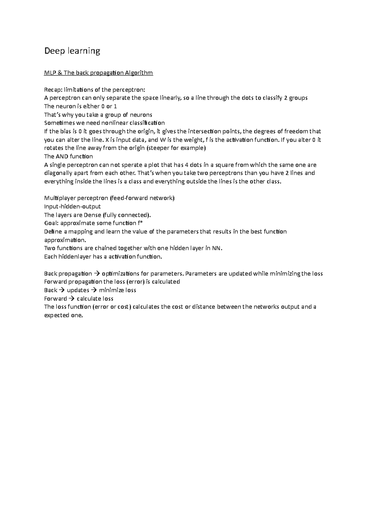 Deep Learning Notes Summary - Class 1 - Studeersnel