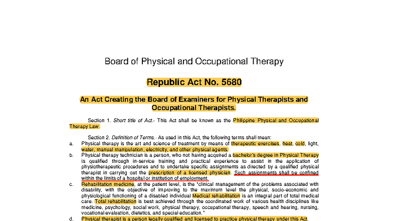 RA5680 - Philippine Physical and Occupational Therapy Law Notes - Studocu