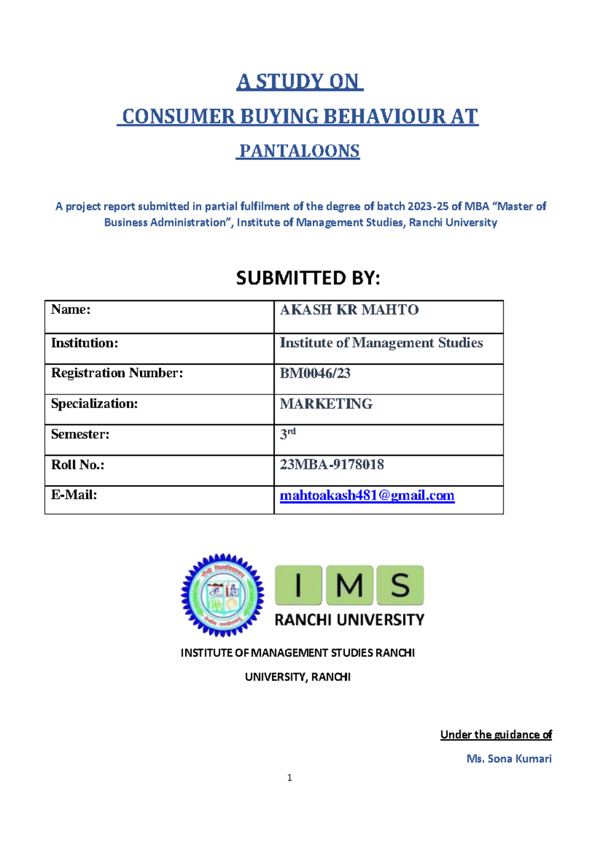 MBA 3rd Sem Project Report: Consumer Buying Behaviour at Pantaloons ...