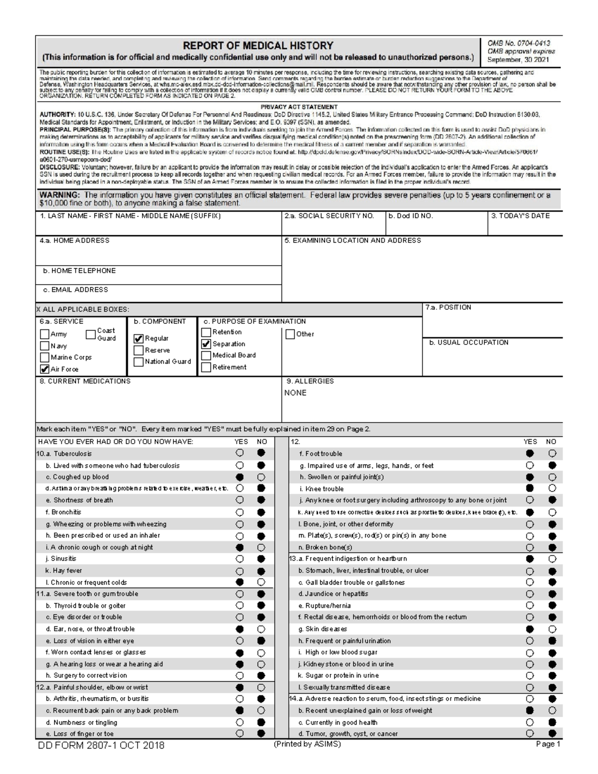 DD Form 2807: Medical History Questionnaire for Military Service - Studocu