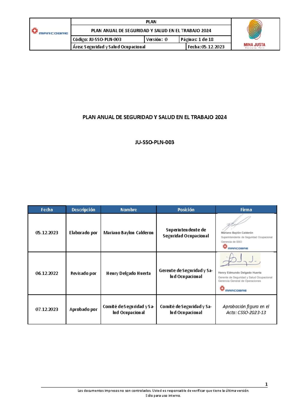 PLAN ANUAL DE SEGURIDAD Y SALUD OCUPACIONAL 2024 - JU-SSO-PLN-003 - Document Preview