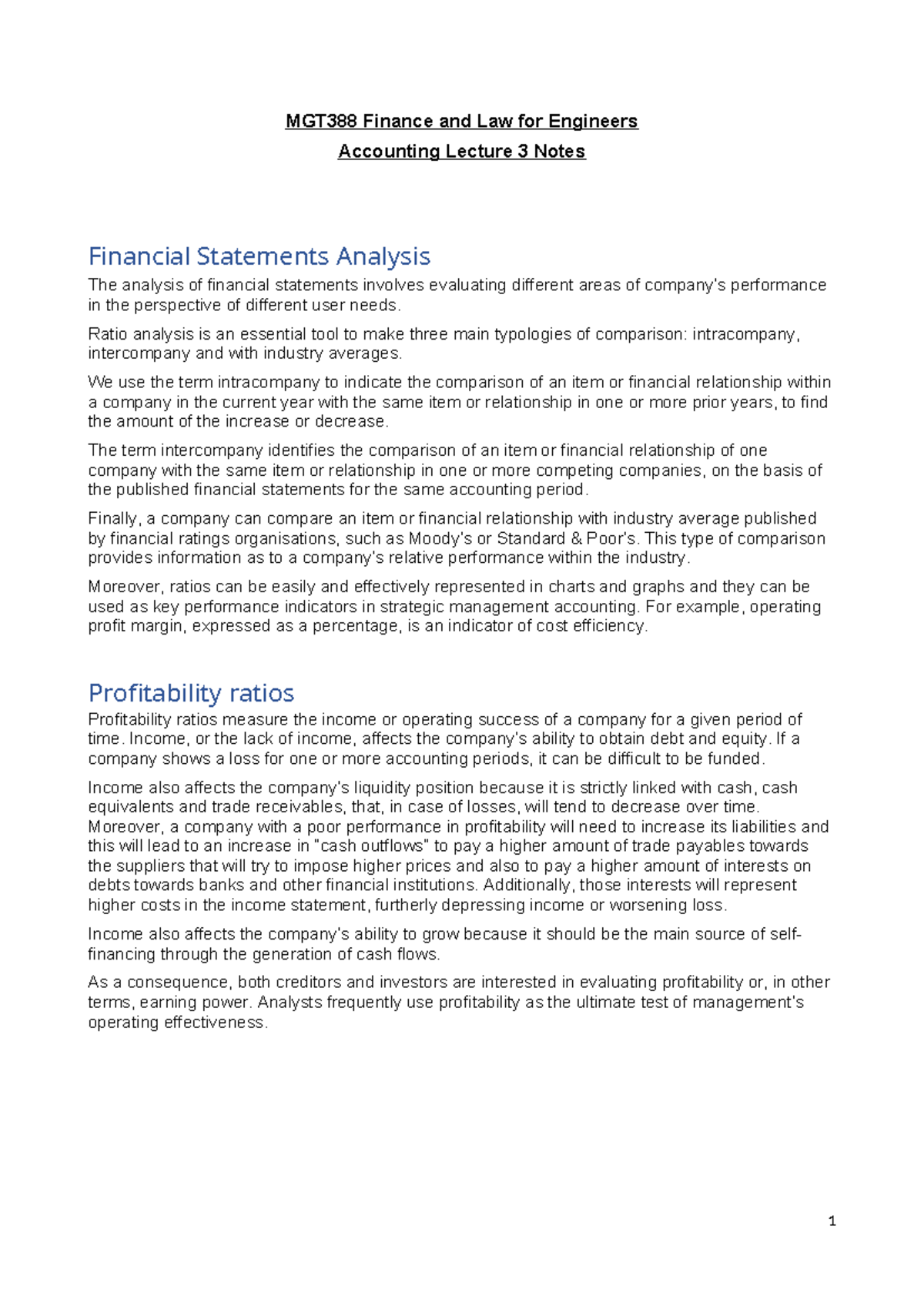 MGT388 Accounting Lecture 3 Notes: Financial Statement Analysis - Studocu
