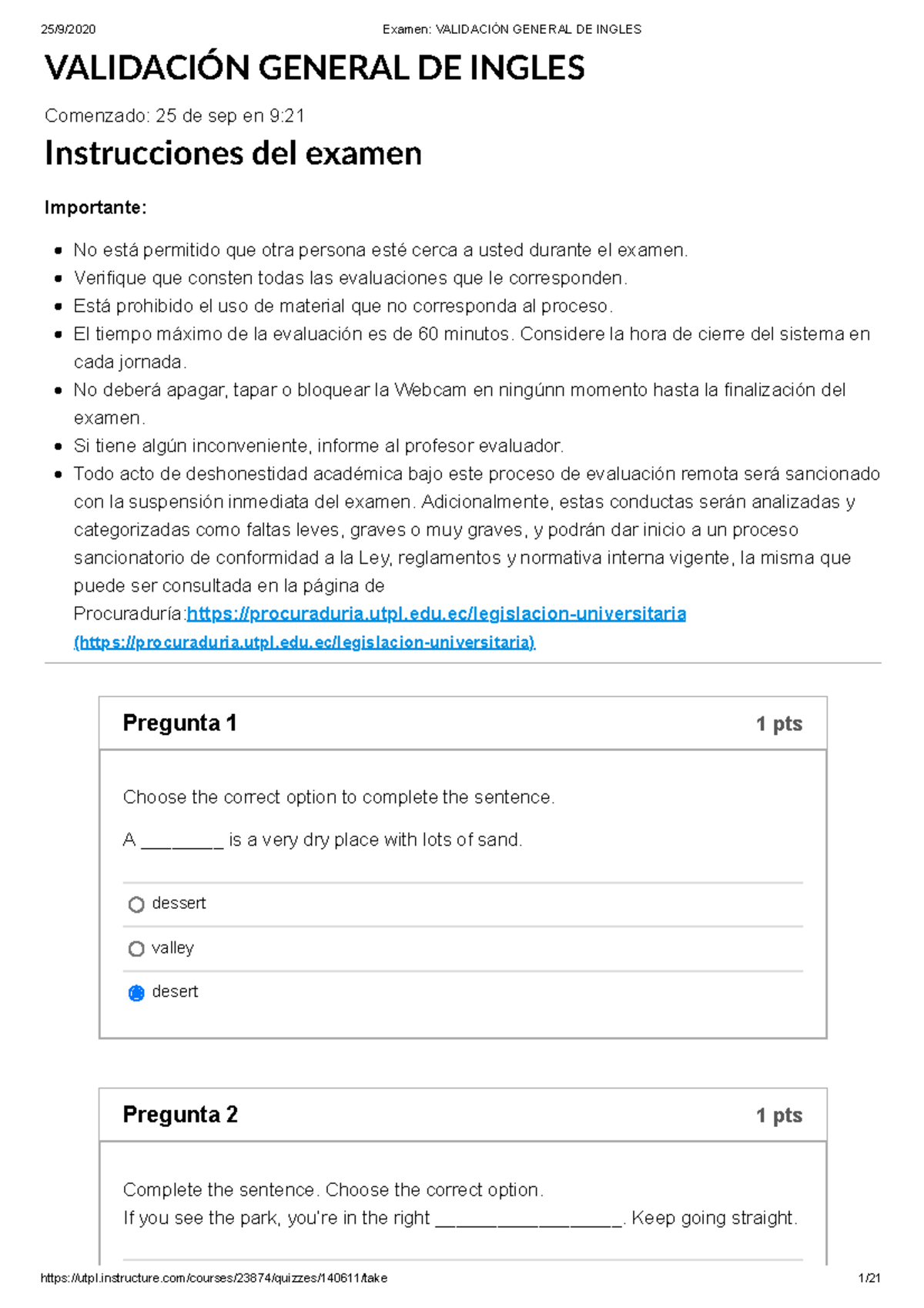Examen de Validación General DE Inglés - Instrucciones y Preguntas - Document Preview