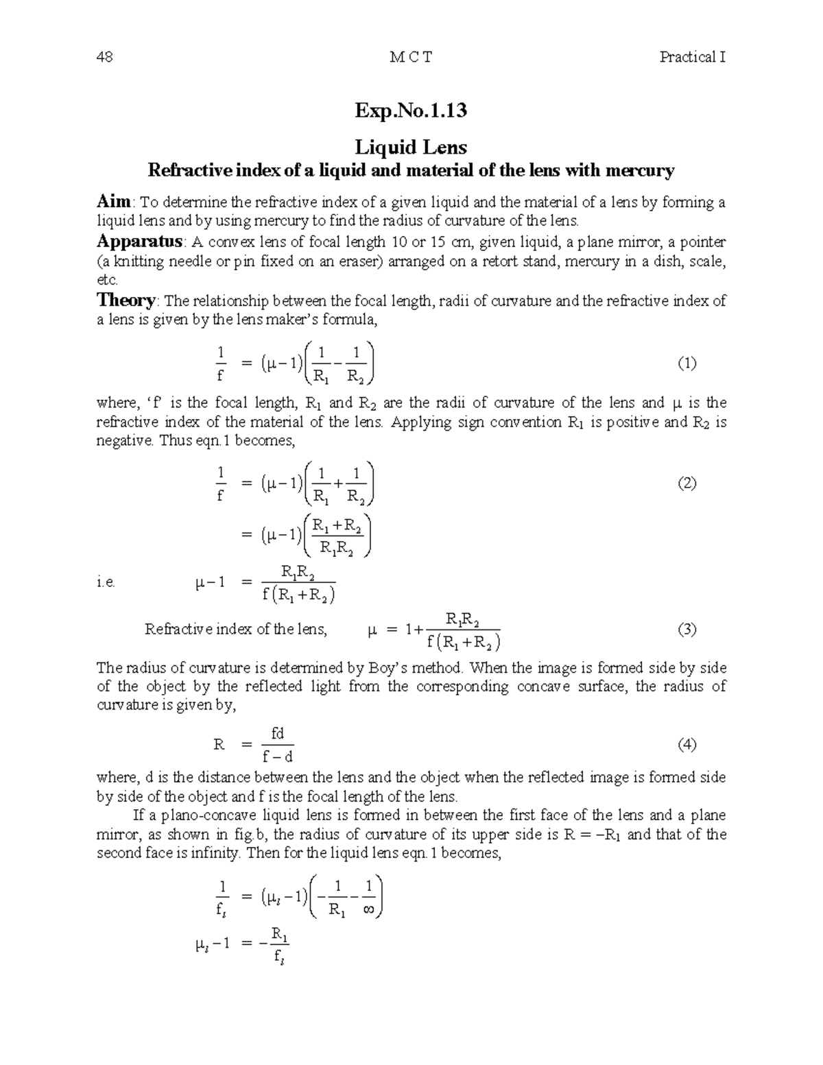 Practical I: 48 MCT Liquid Lens Refractive Index Determination - Studocu