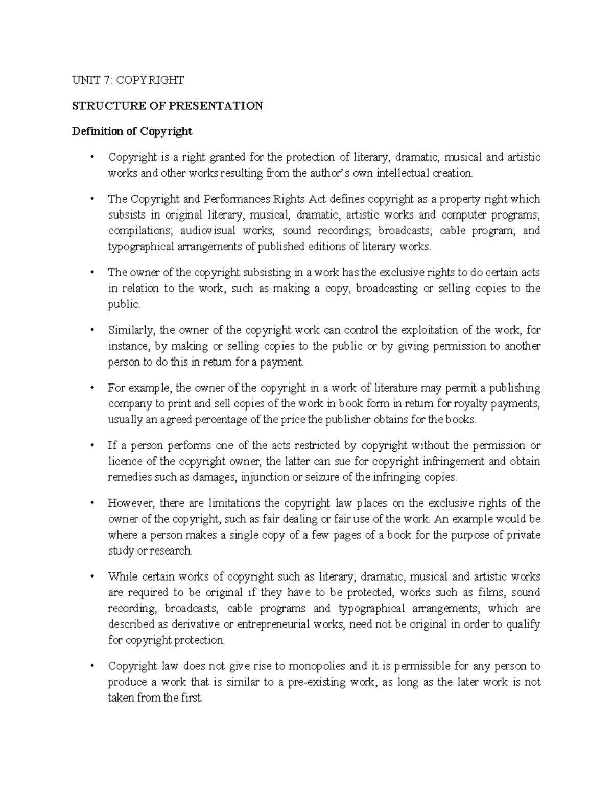 UNIT 7: Copyright Overview and Key Concepts - Studocu