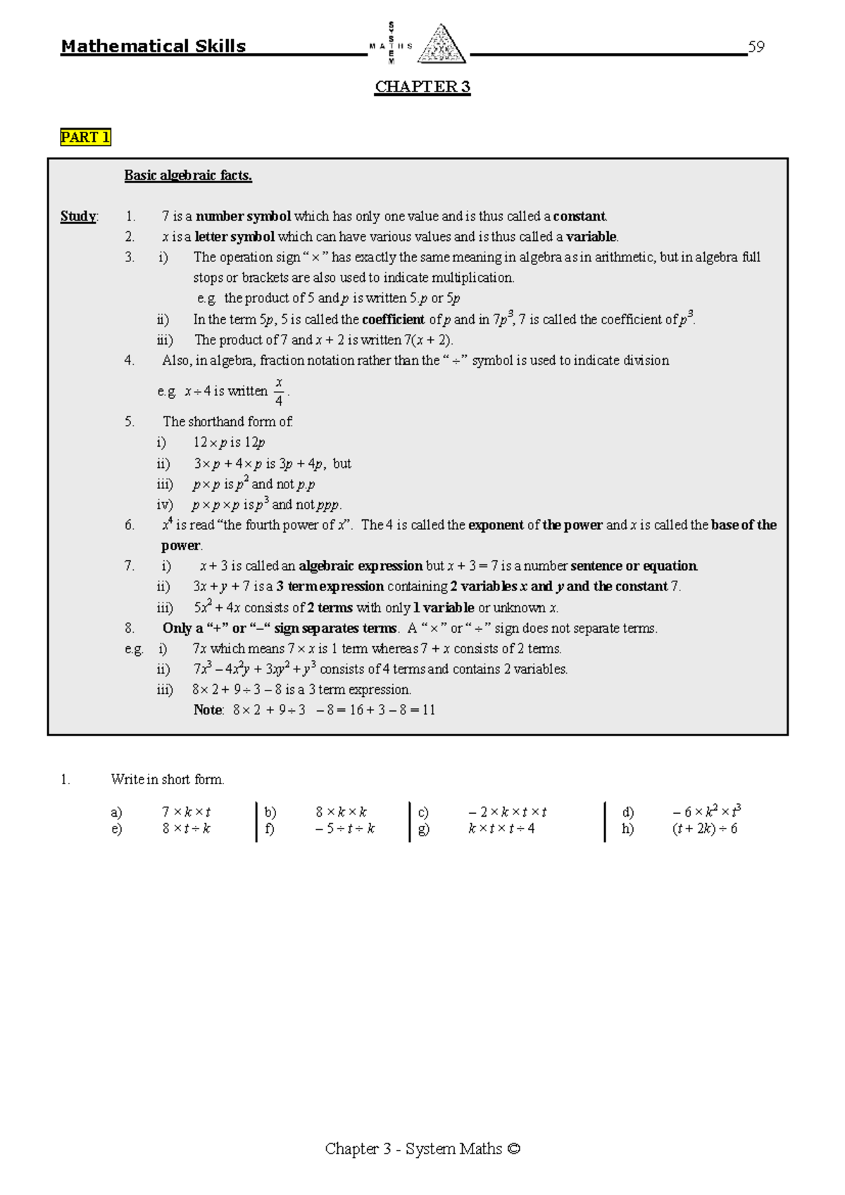 Mathematical Skills 59: Chapter 3 - Basic Algebraic Facts and ...