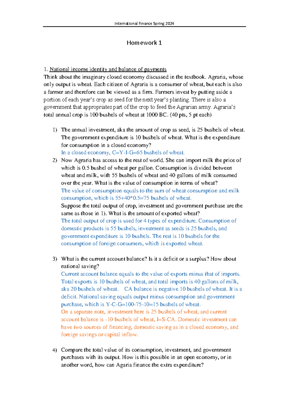 Hw1 Solution Spring 2024 IF - Homework 1 National income identity and ...