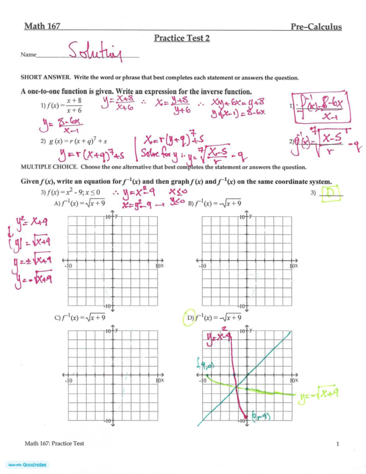 Math 167: Practice Test 2 - Short Answer & Multiple Choice Solutions ...