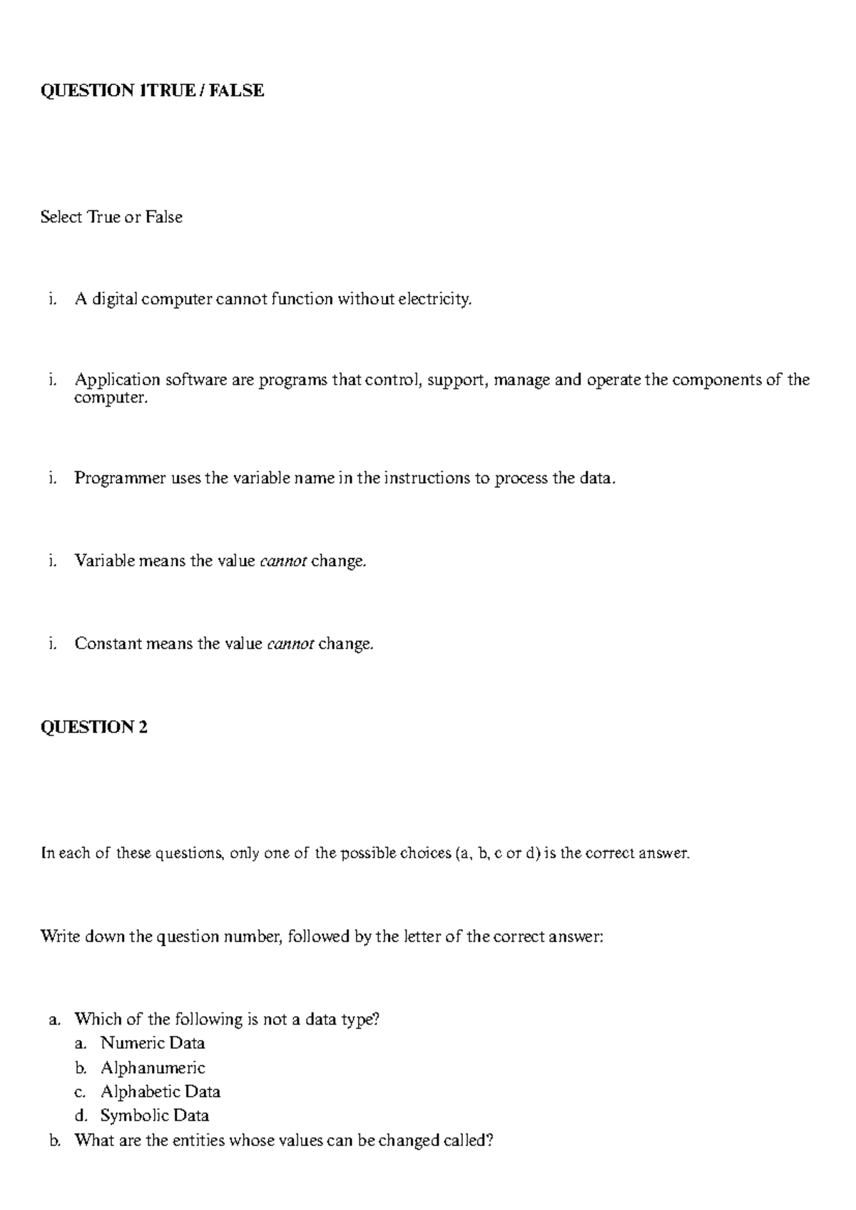 CS101: True/False & Multiple Choice Questions with Pseudocode Examples ...