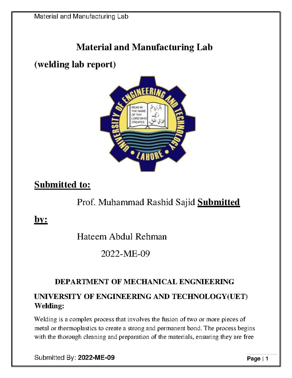 Welding LAB Report 01 - Material and Manufacturing Lab (welding lab ...