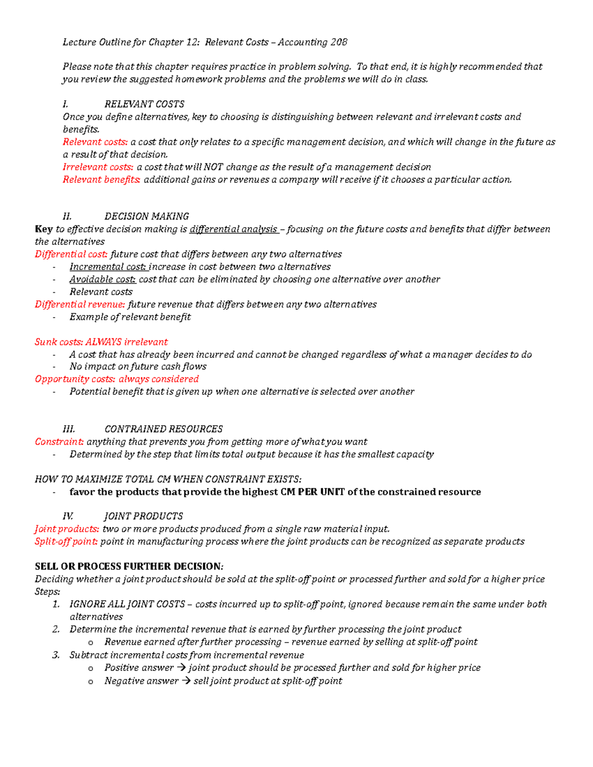 Relevant Costs and Decision Making - ACCT 208 Chapter 12 Notes - Studocu