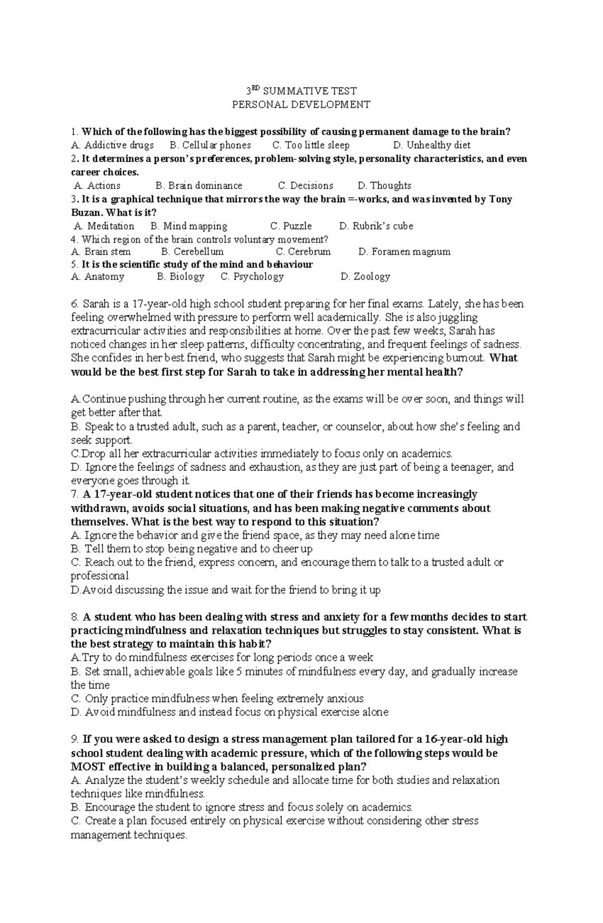3RD Summative Test - Personal Development Exam Questions - Studocu