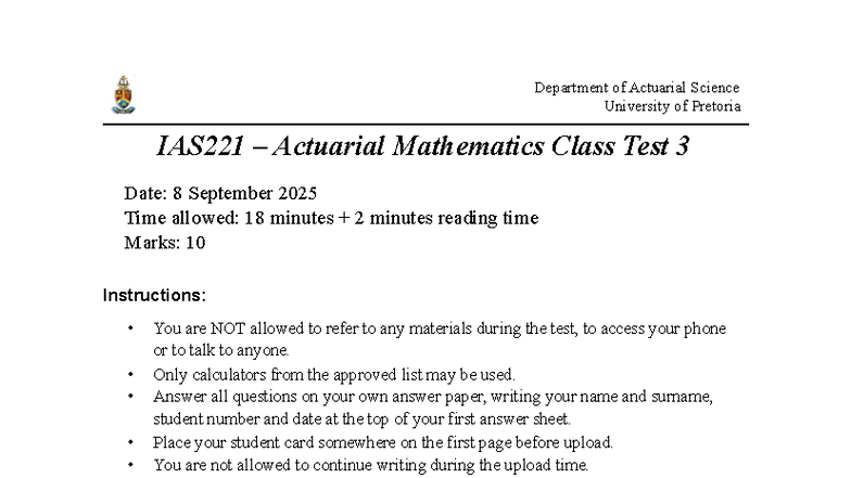 IAS221 Actuarial Mathematics Class Test 3 - 8 Sept 2025 - Studocu