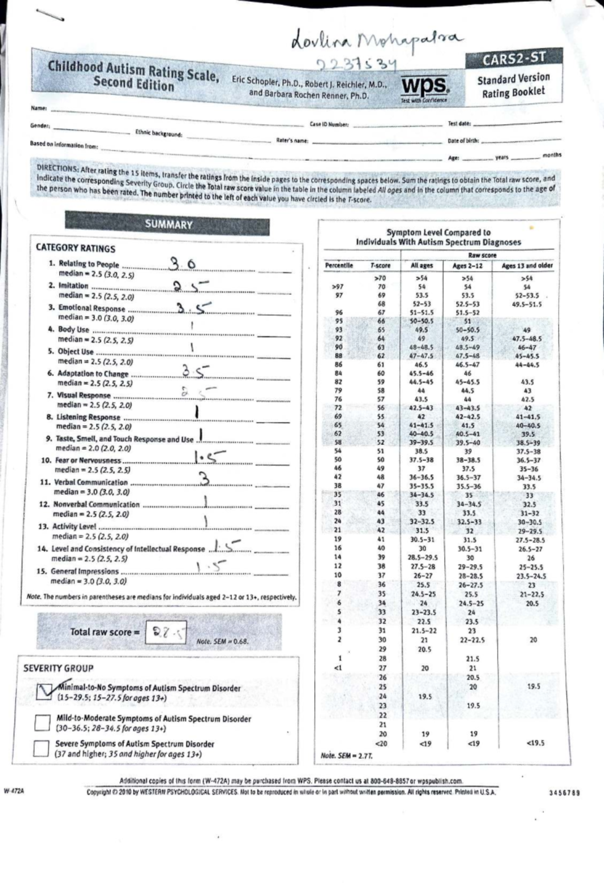 CARS-2 EX: Autism Spectrum Disorder Assessment and Rating Guide - Studocu