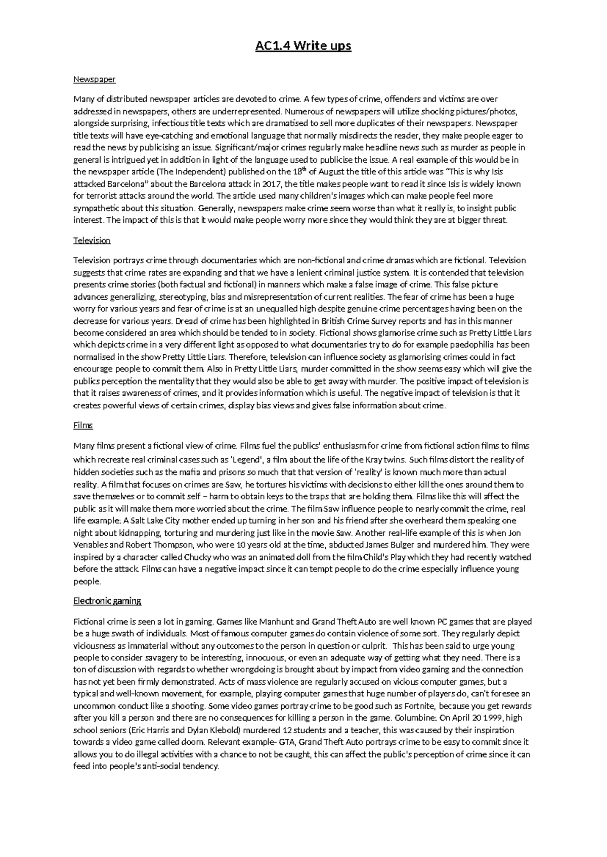 Ac1.4 write ups - criminology - AC1 Write ups Newspaper Many of ...