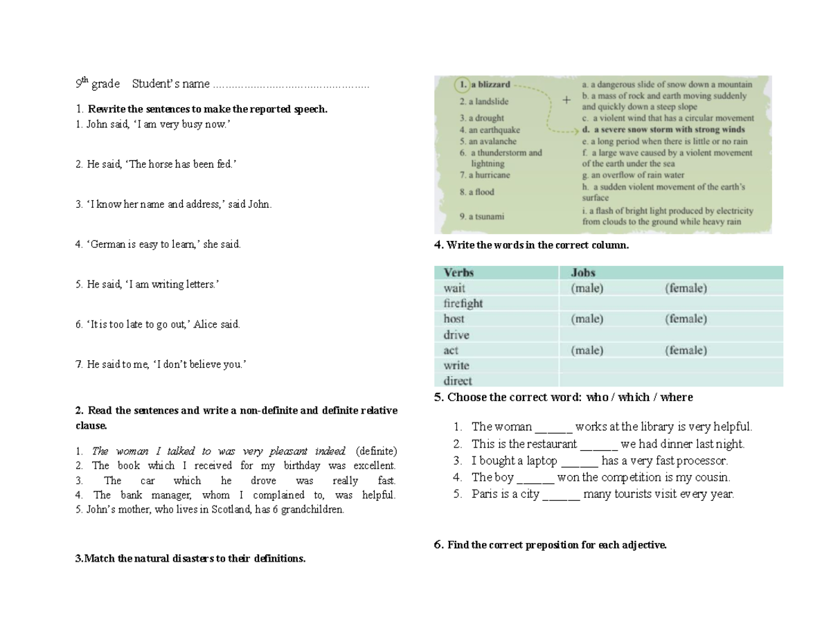 10th Grade Exam: Reported Speech & Relative Clauses Practice - Studocu