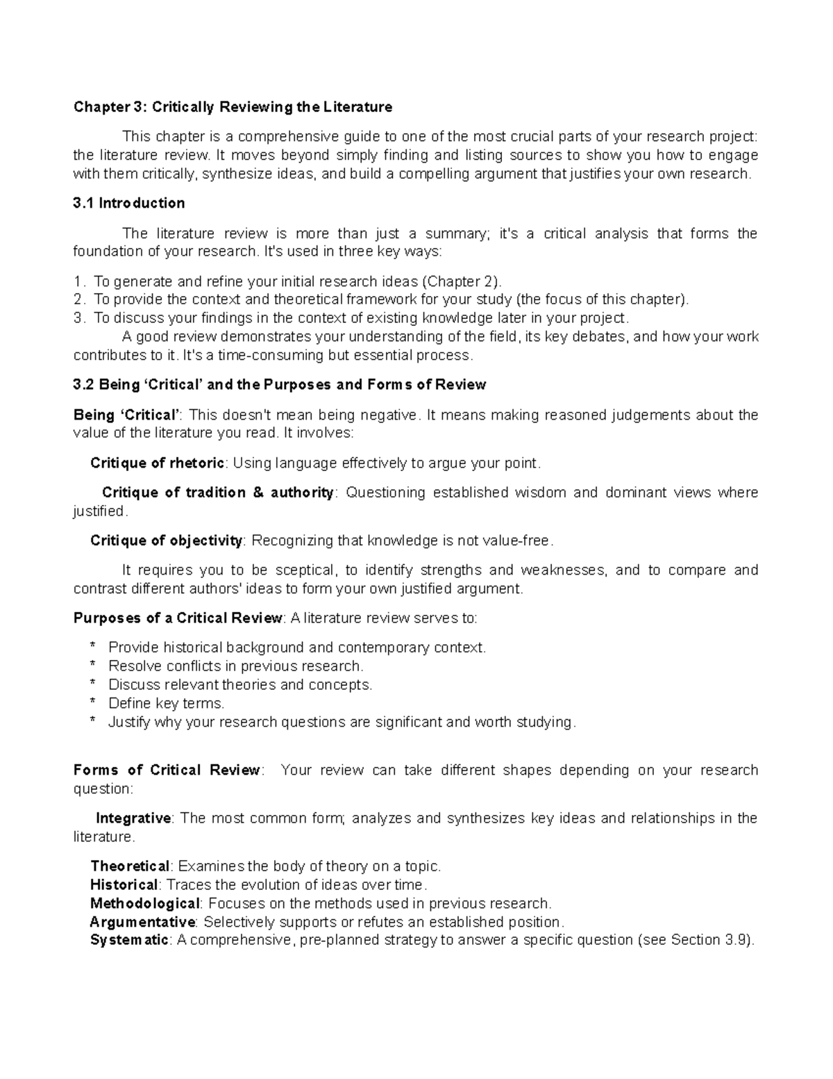 Research Chapter 3: Critically Reviewing the Literature - Studocu