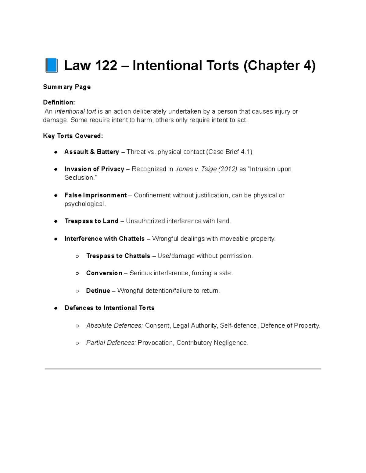 Law 122 Intentional Torts (Chapter 4) Detailed Summary Notes - Studocu