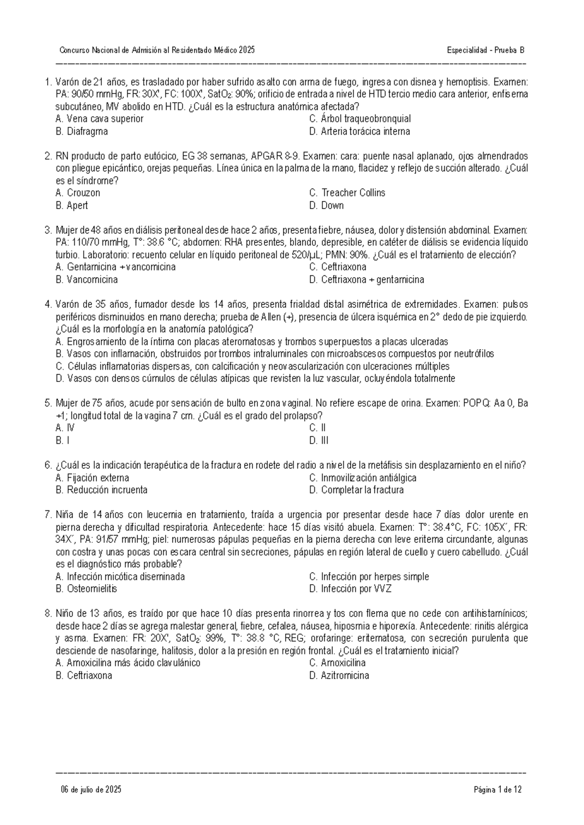 Examen de Residentado Médico 2025 - Parte B Sin Claves - Document Preview