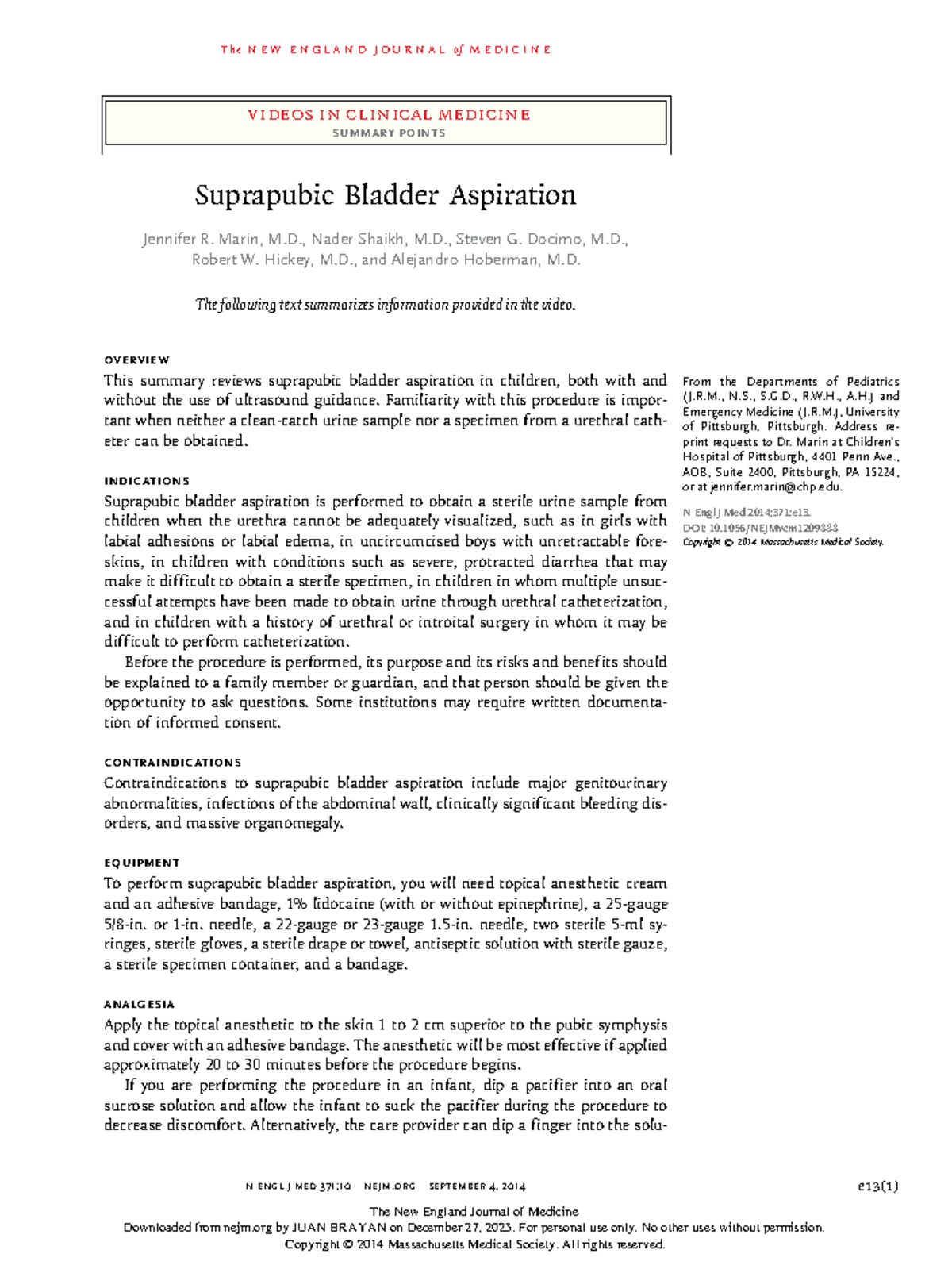 Suprapubic Bladder Aspiration in Pediatric Patients (NEJM 371:10) - Studocu