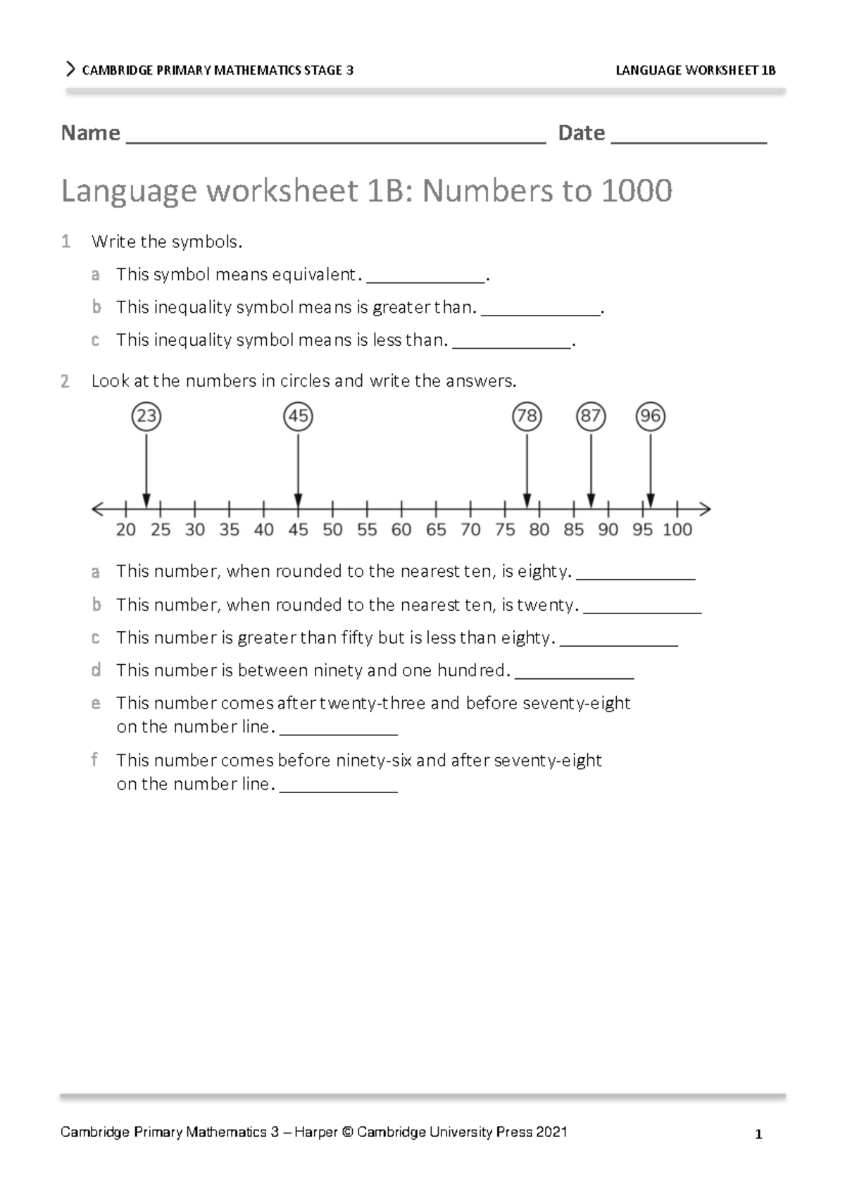 Cambridge Primary Maths 3 Language WS 1B: Numbers to 1000 - Studocu