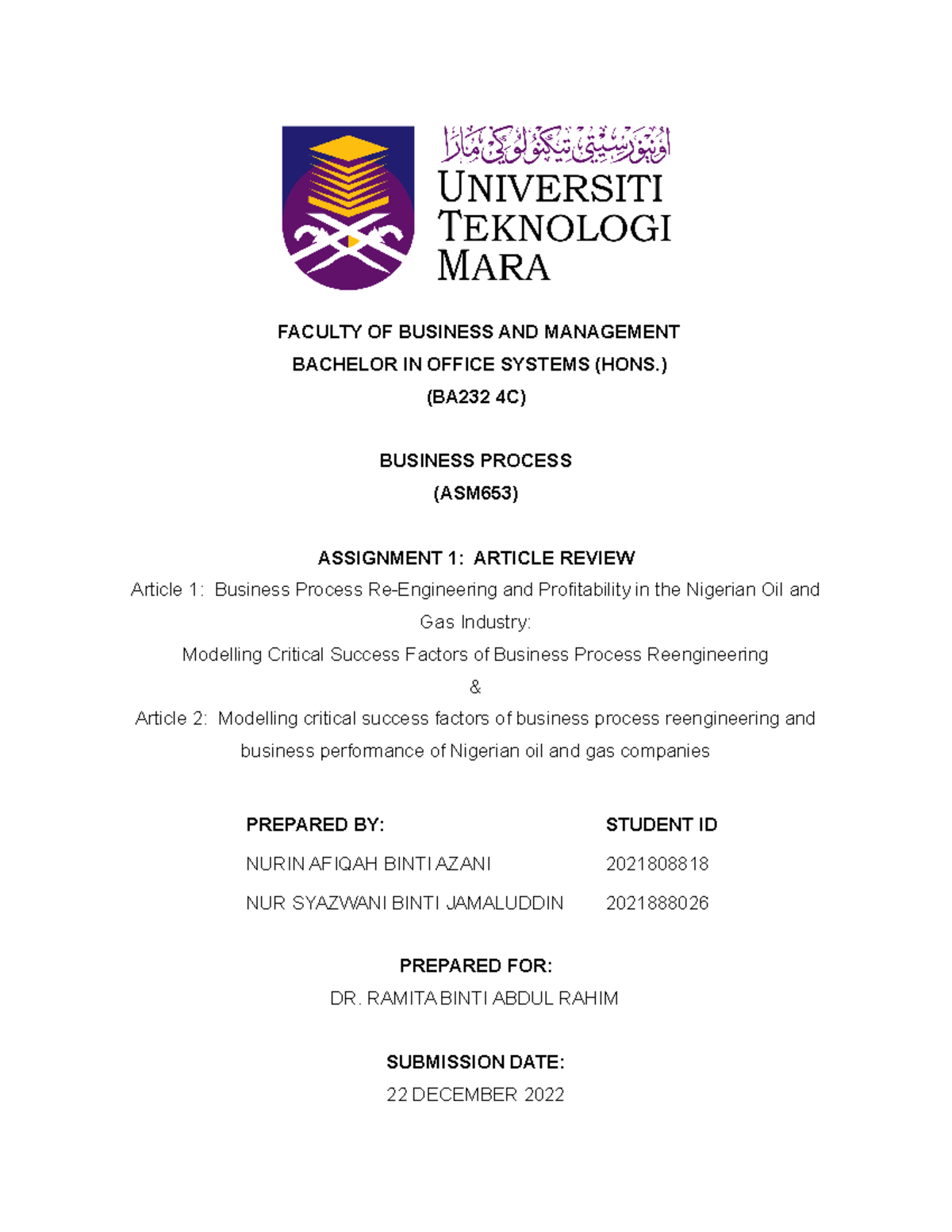 ASM652 Article Review - Assignment pairing - FACULTY OF BUSINESS AND ...