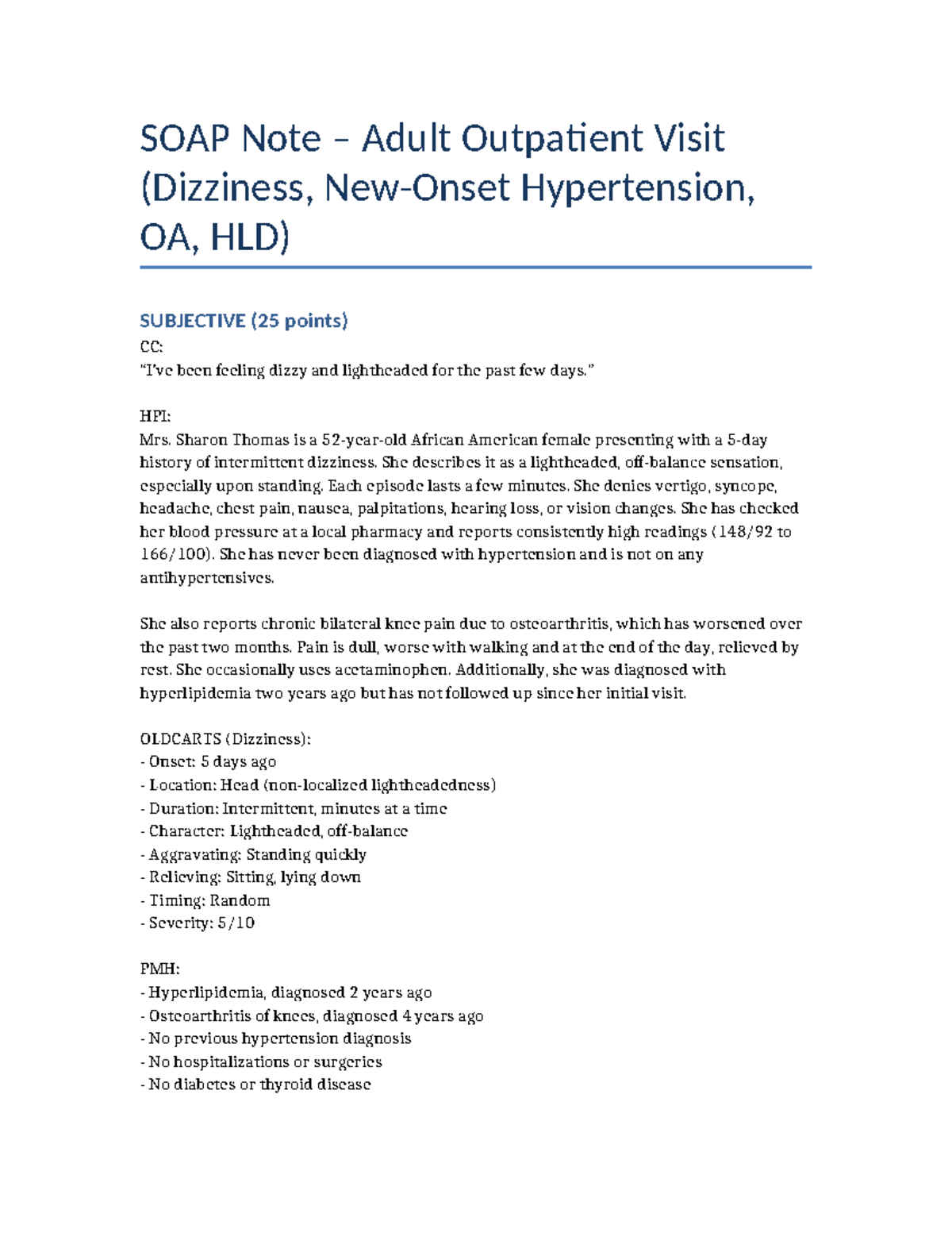 SOAP Note: Adult Outpatient Visit for Dizziness, Hypertension, OA, HLD ...