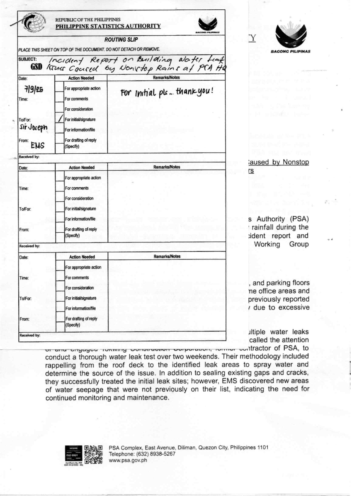 Incident Report on Water Leak Issues at PSA HQ Studocu