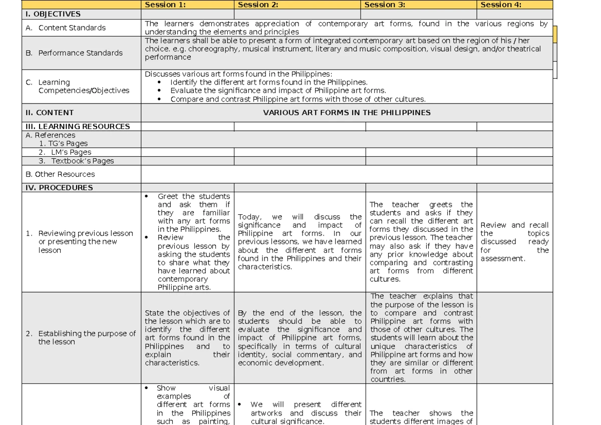 CPAR 12 Q1 WEEK 1: Daily Lesson Log on Contemporary Arts - Studocu